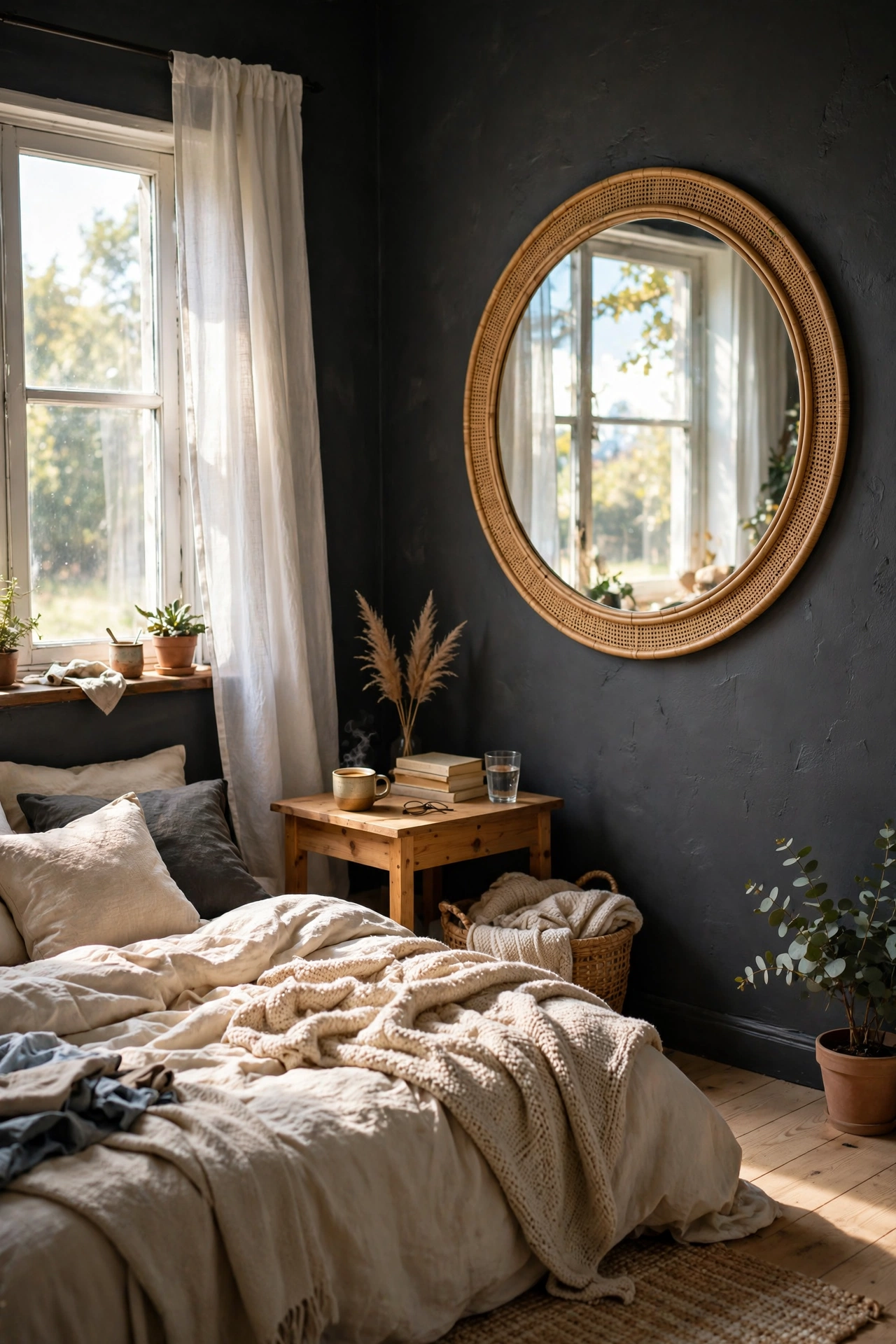 Large round mirror opposite a window in a charcoal bedroom
