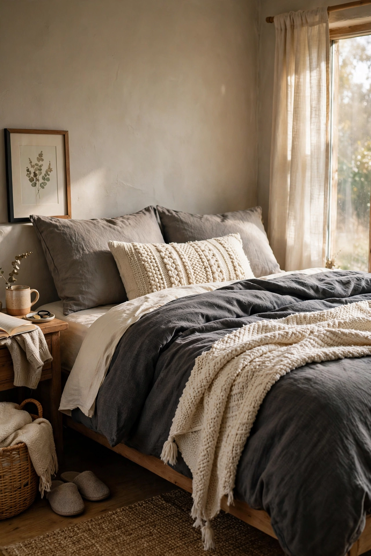 Bed layered in charcoal, warm gray and cream bedding tones