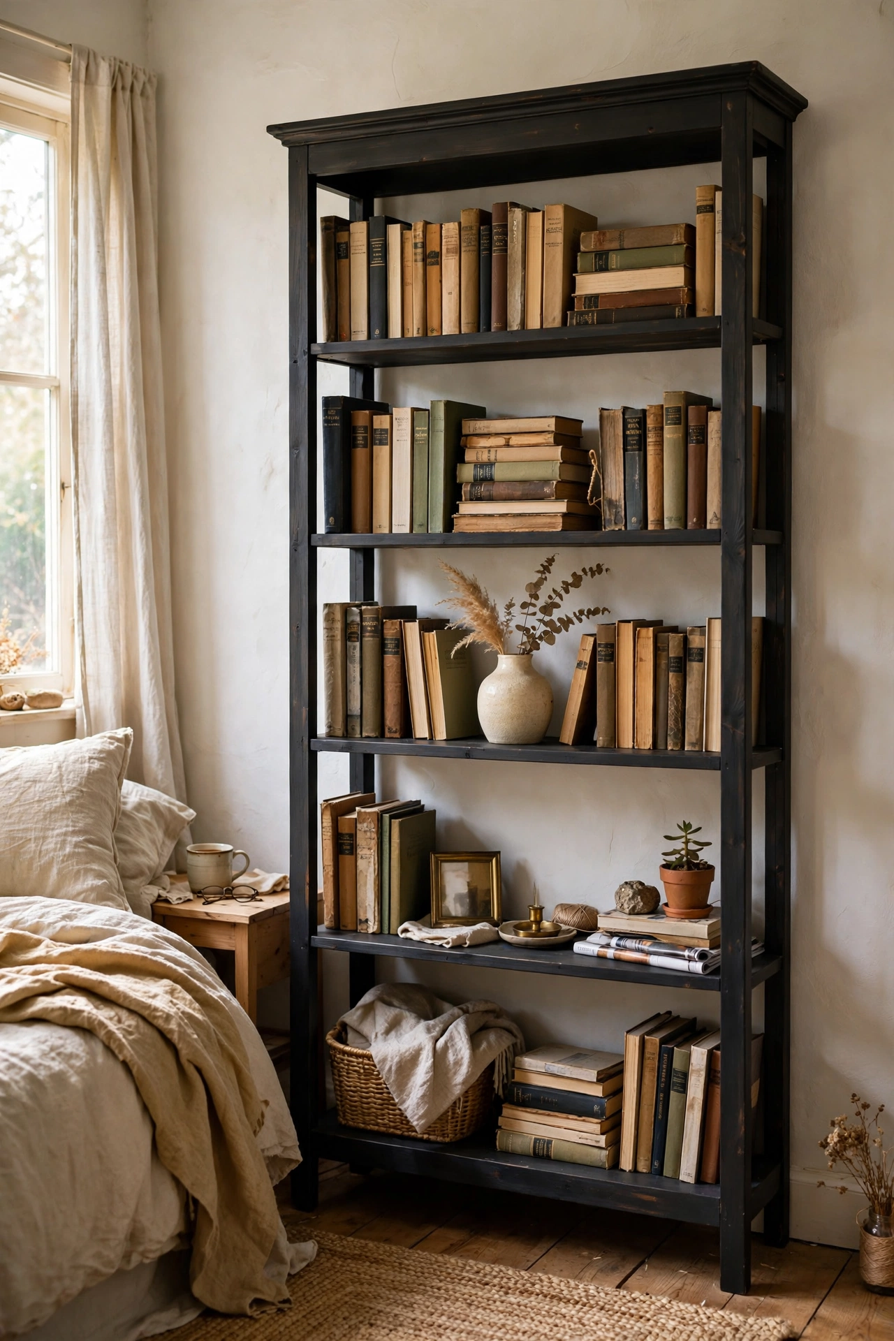 Tall pine bookcase painted charcoal styled with books and a brass frame