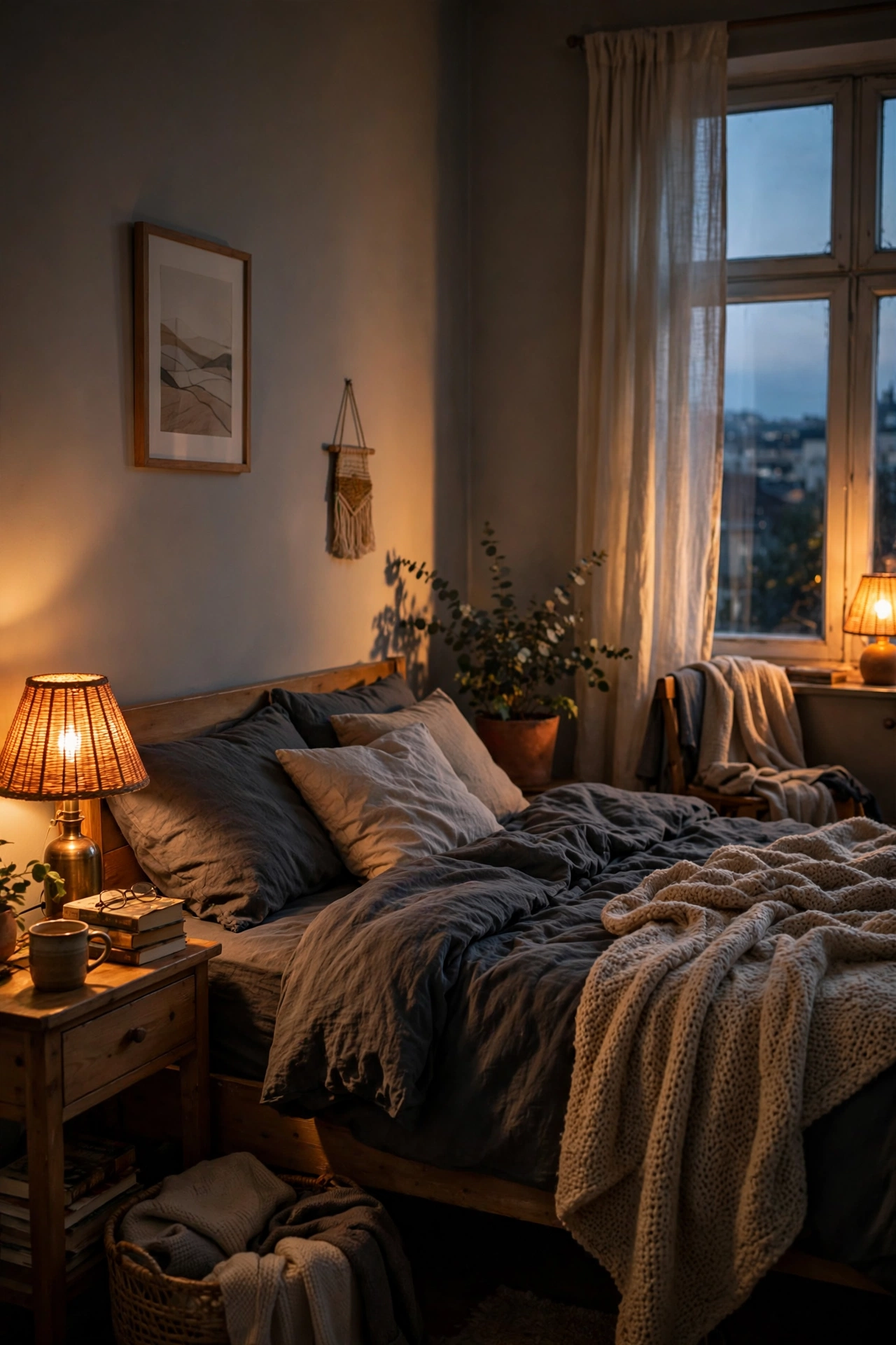 Bedroom lamps glowing with warm amber 2700K bulbs against charcoal walls