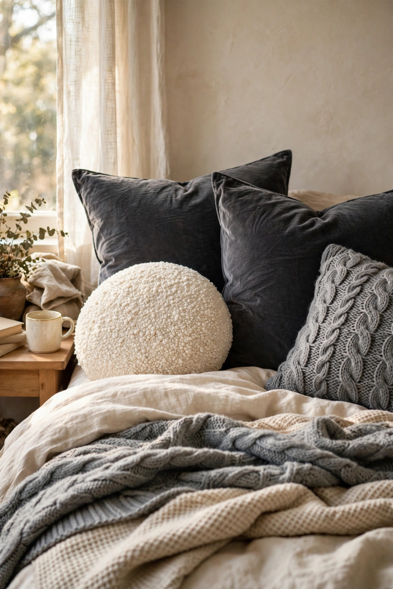 Bed styled with charcoal velvet, cream boucle and gray knit throw pillows