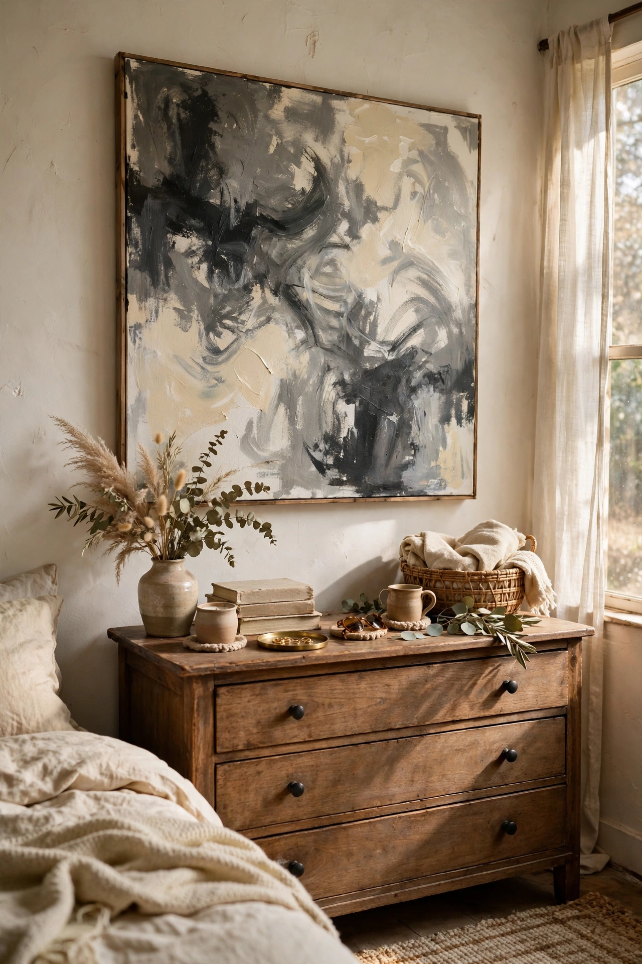 Large DIY abstract canvas in charcoal, gray and cream tones above a dresser