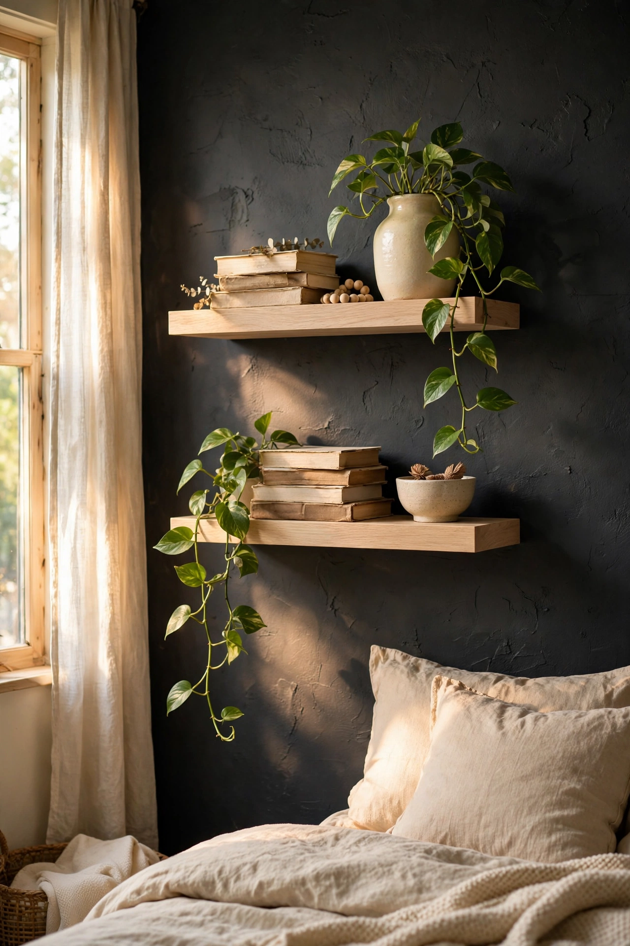 Two pale oak floating shelves styled minimally on a charcoal wall
