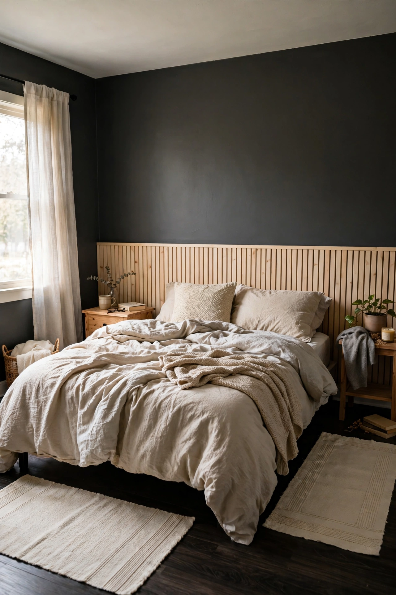 Two cream washable runners placed on each side of a bed on dark flooring
