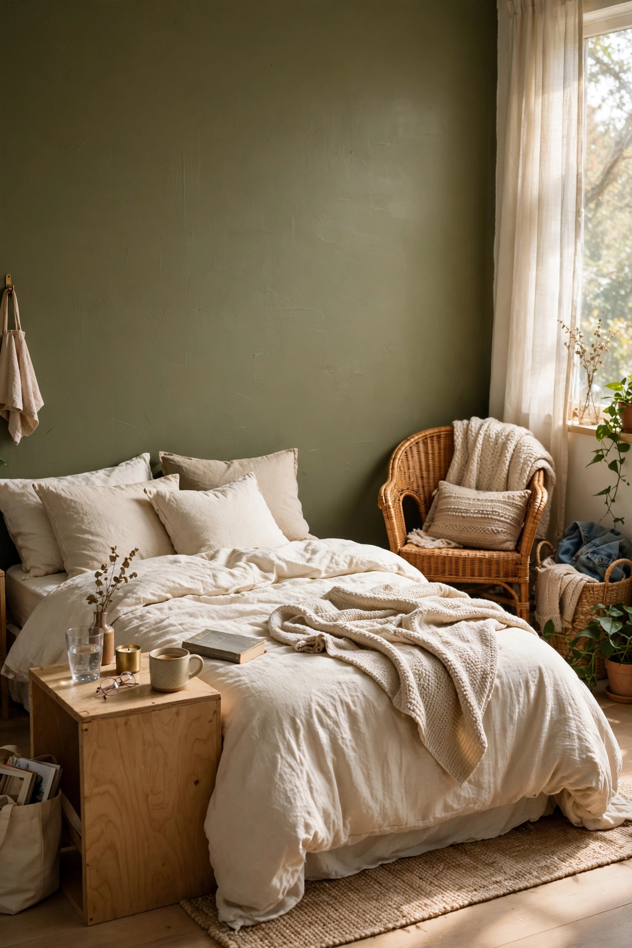 Bedroom with an olive green painted accent wall behind a cream bed