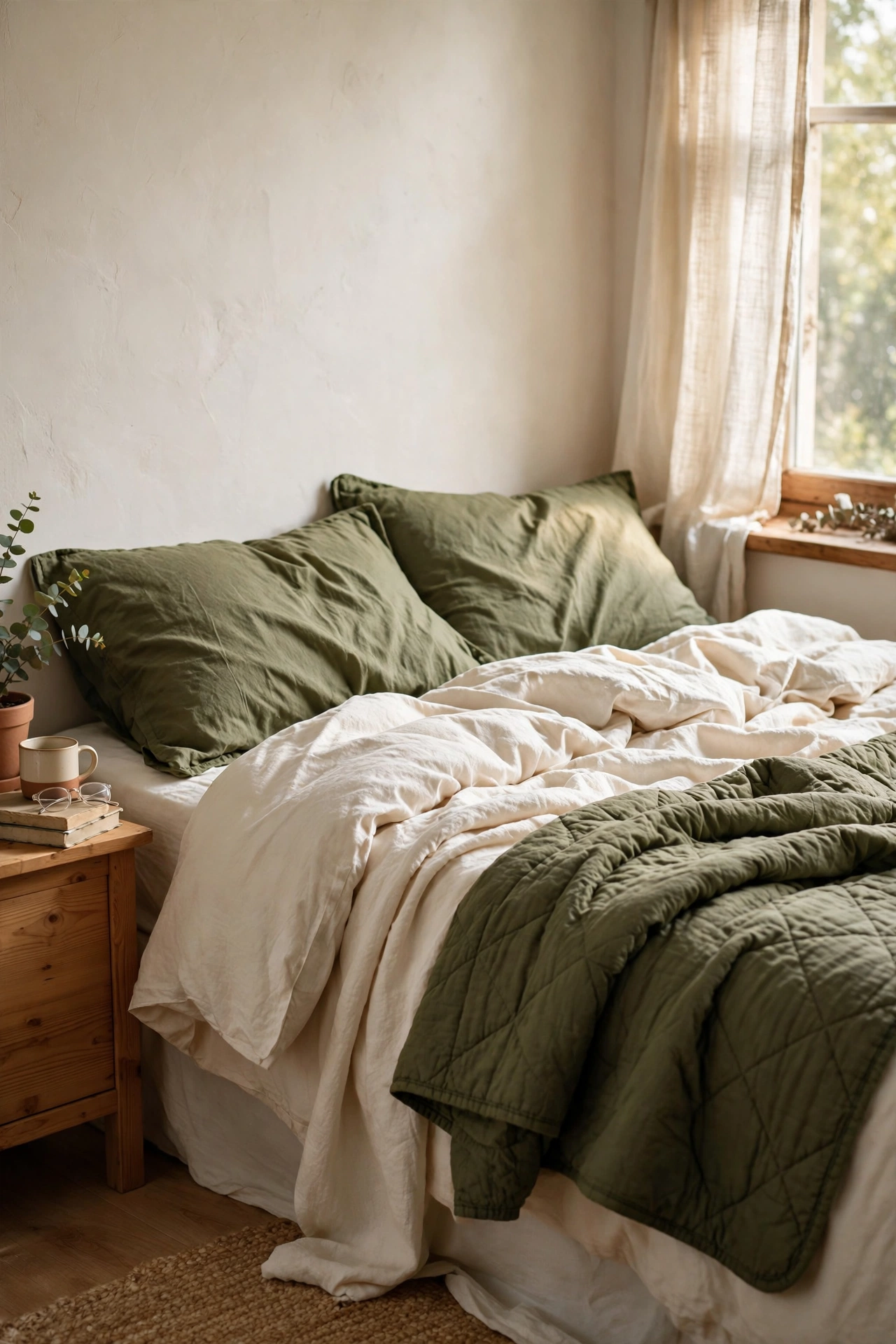 Bed with layered cream and olive green bedding and cushions