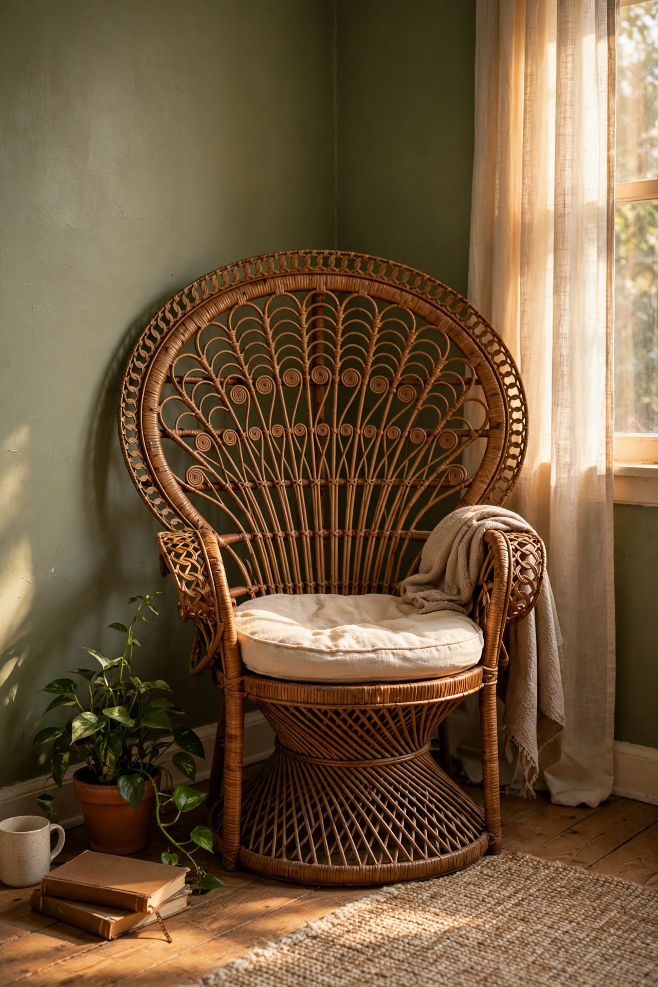Thrifted peacock rattan chair with cream cushion in an olive bedroom corner