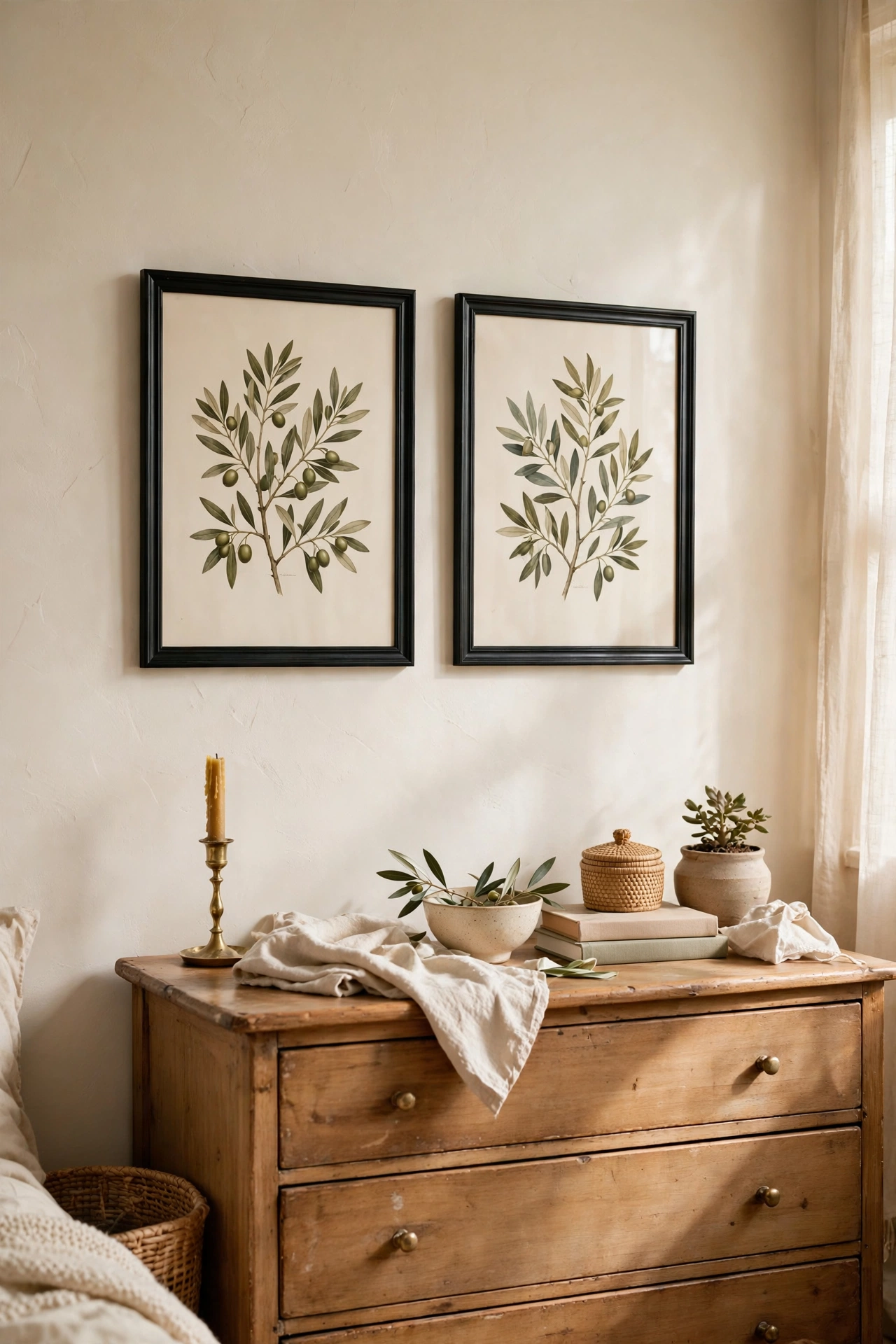 Pair of olive botanical prints in matching black frames above a dresser