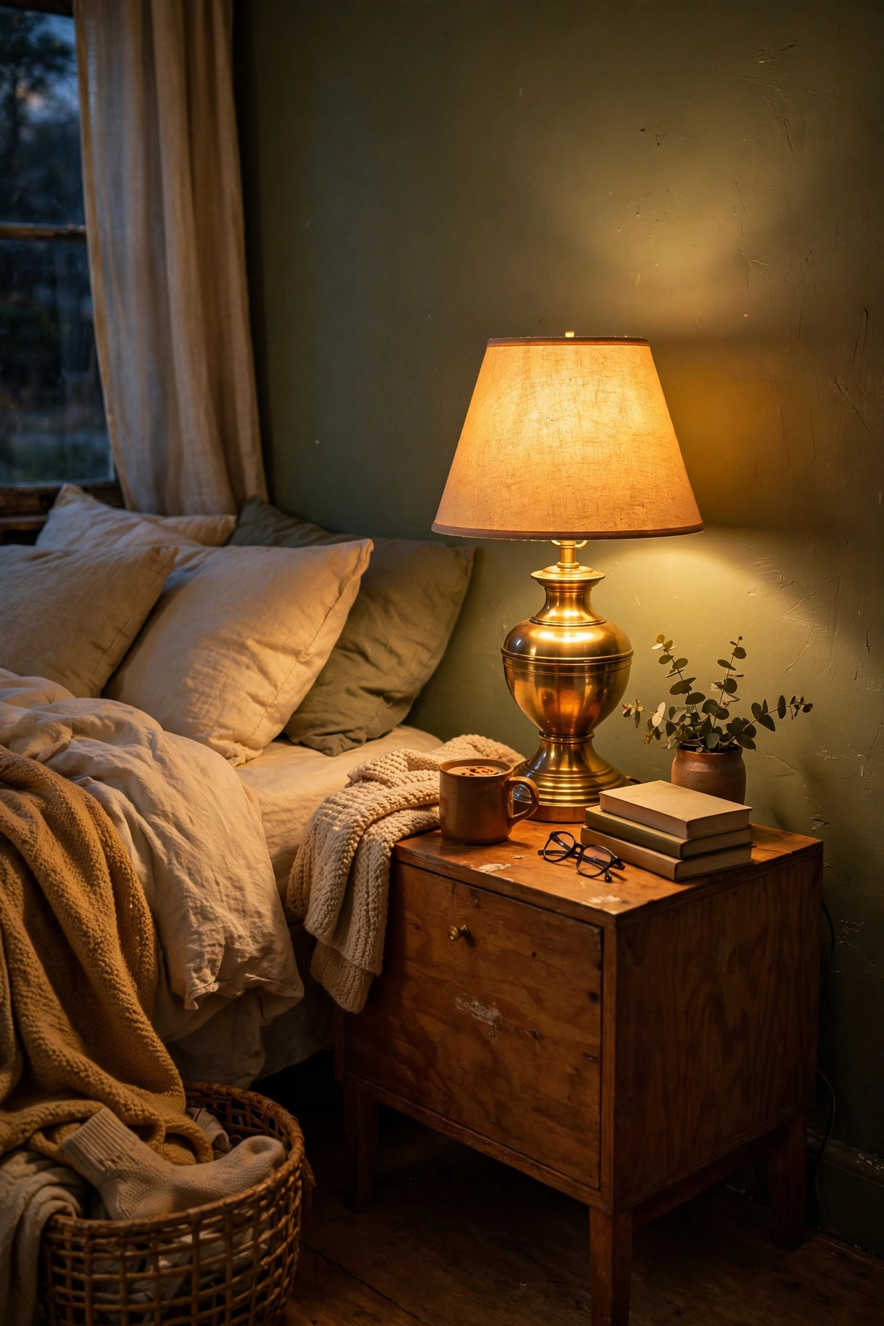 Polished brass table lamp glowing warmly on a nightstand beside an olive wall