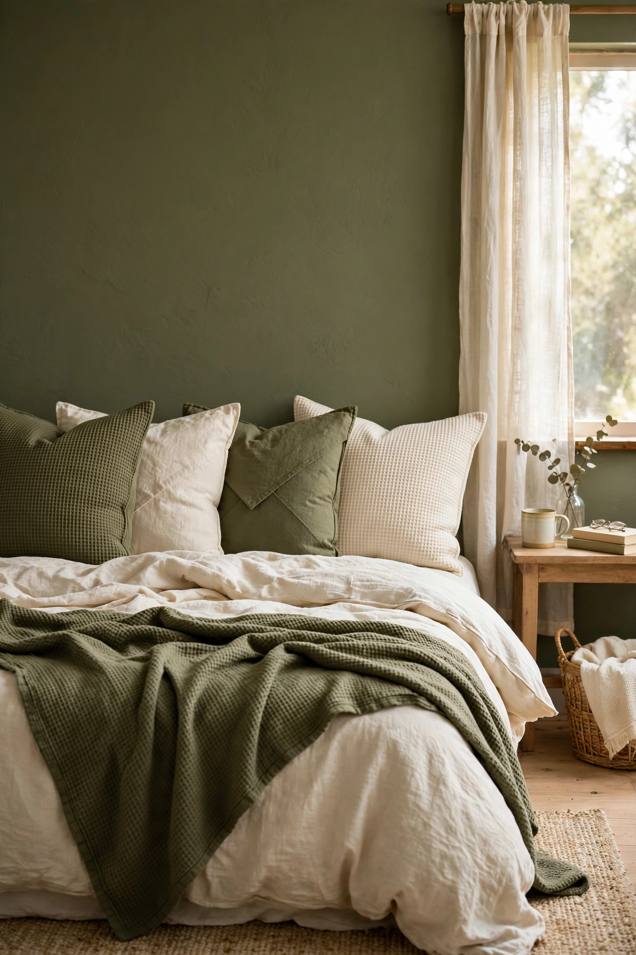 Bed styled with olive and cream throw pillow covers in mixed textures