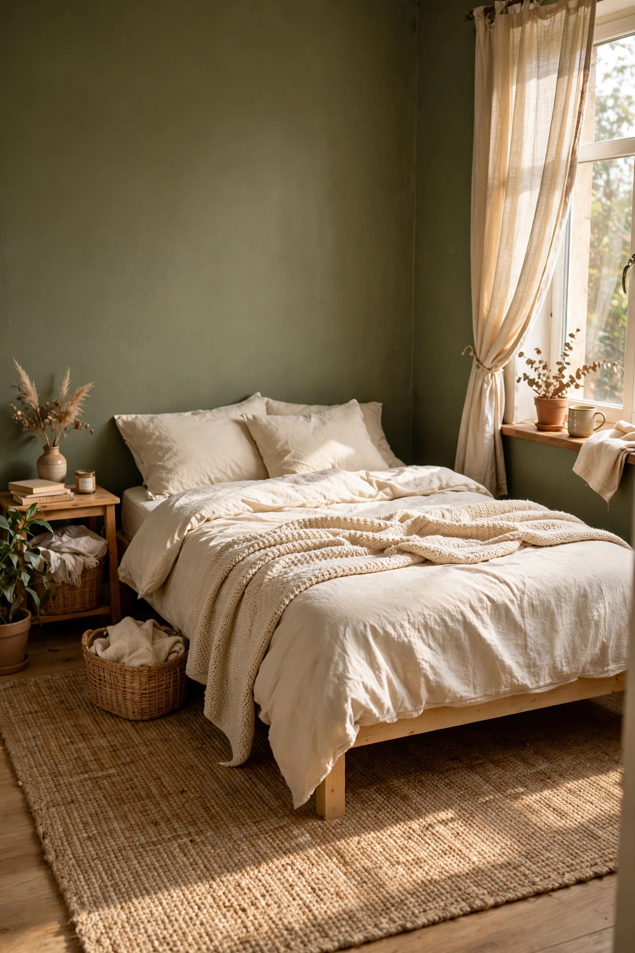 Woven jute rug layered under a bed in an olive green bedroom