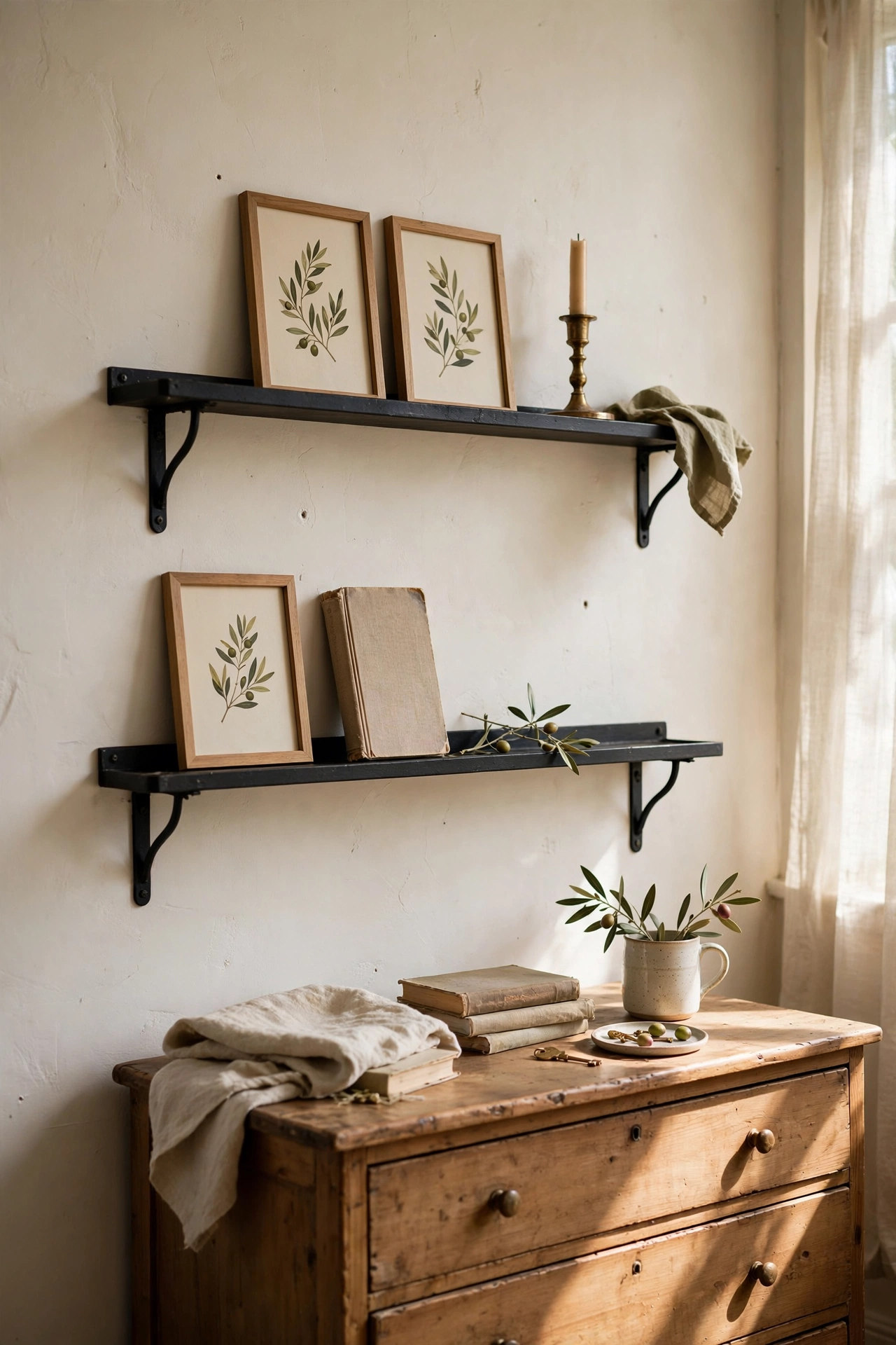 Two black iron picture ledges styled with olive prints above a dresser