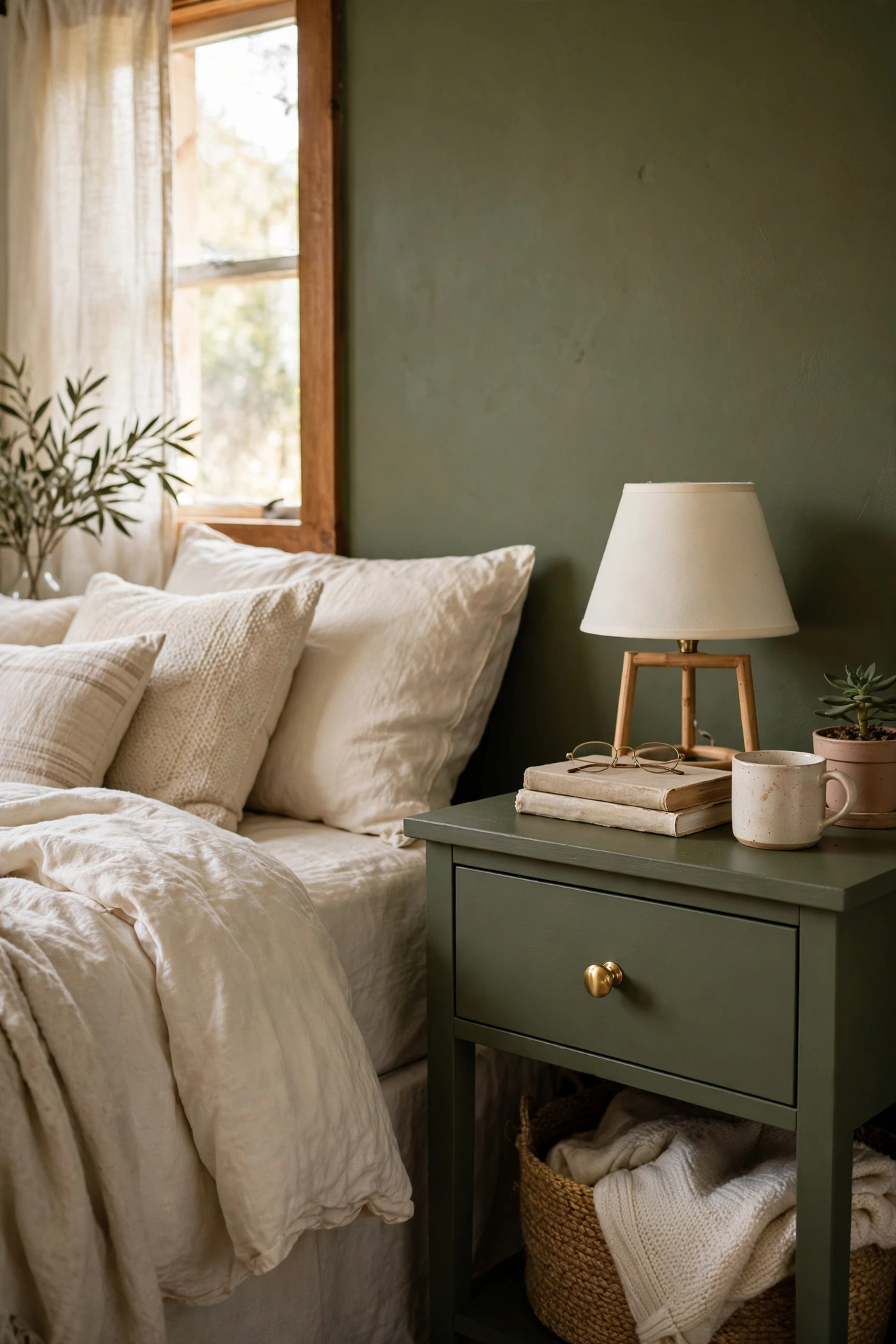 Nightstand painted olive green with a brass knob beside a cream bed