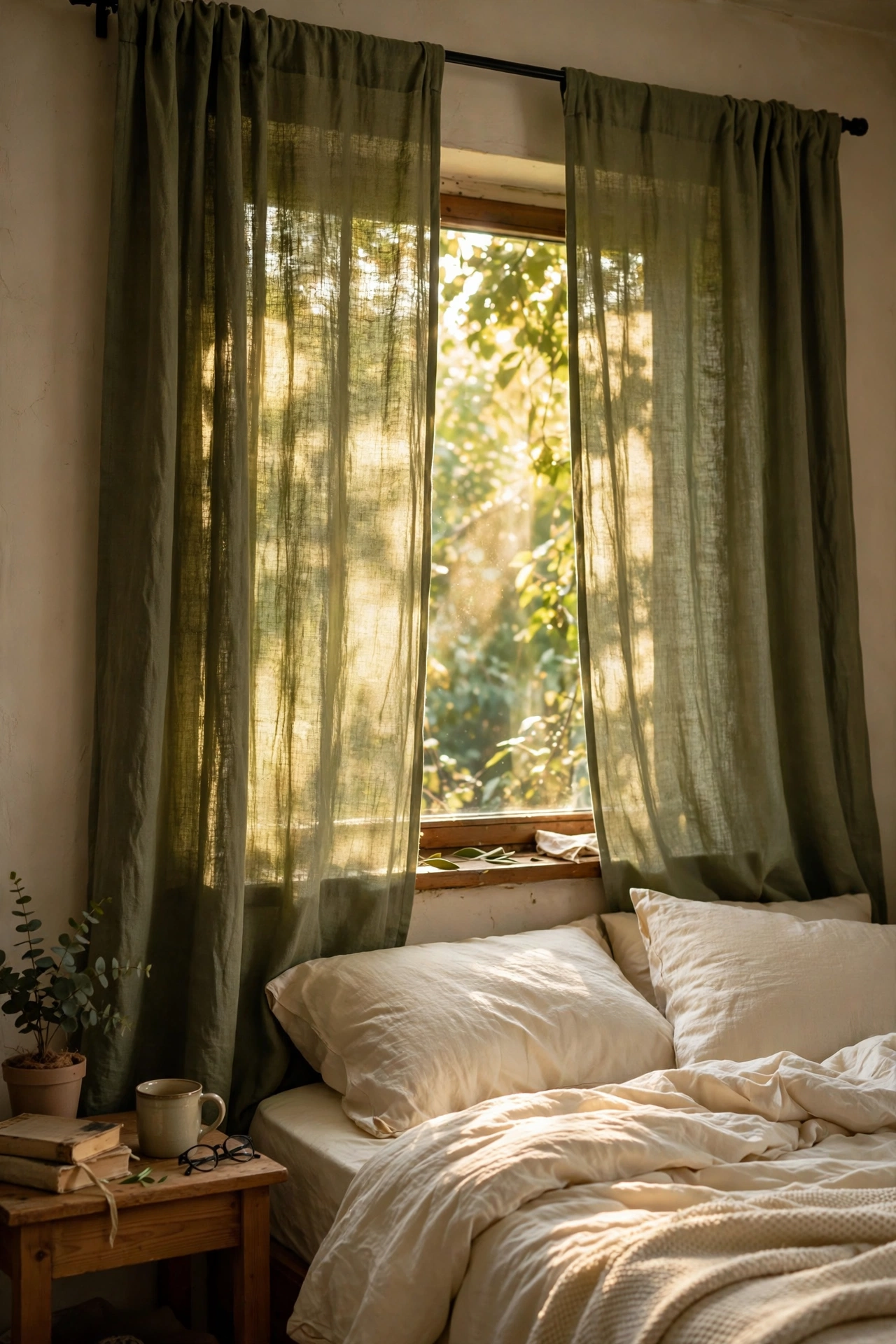 Olive green linen curtain panels hung high and wide over a bedroom window