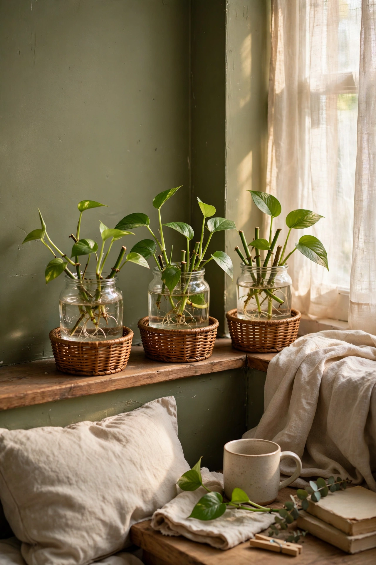 Corner propagation station with pothos cuttings in rattan planters
