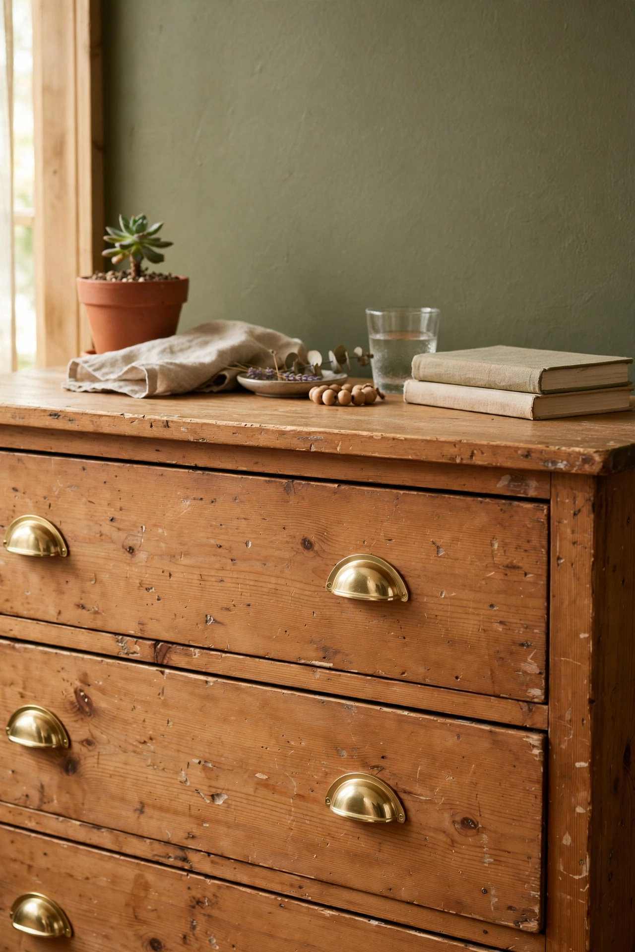 Dresser with new brass cup pulls against an olive green bedroom wall