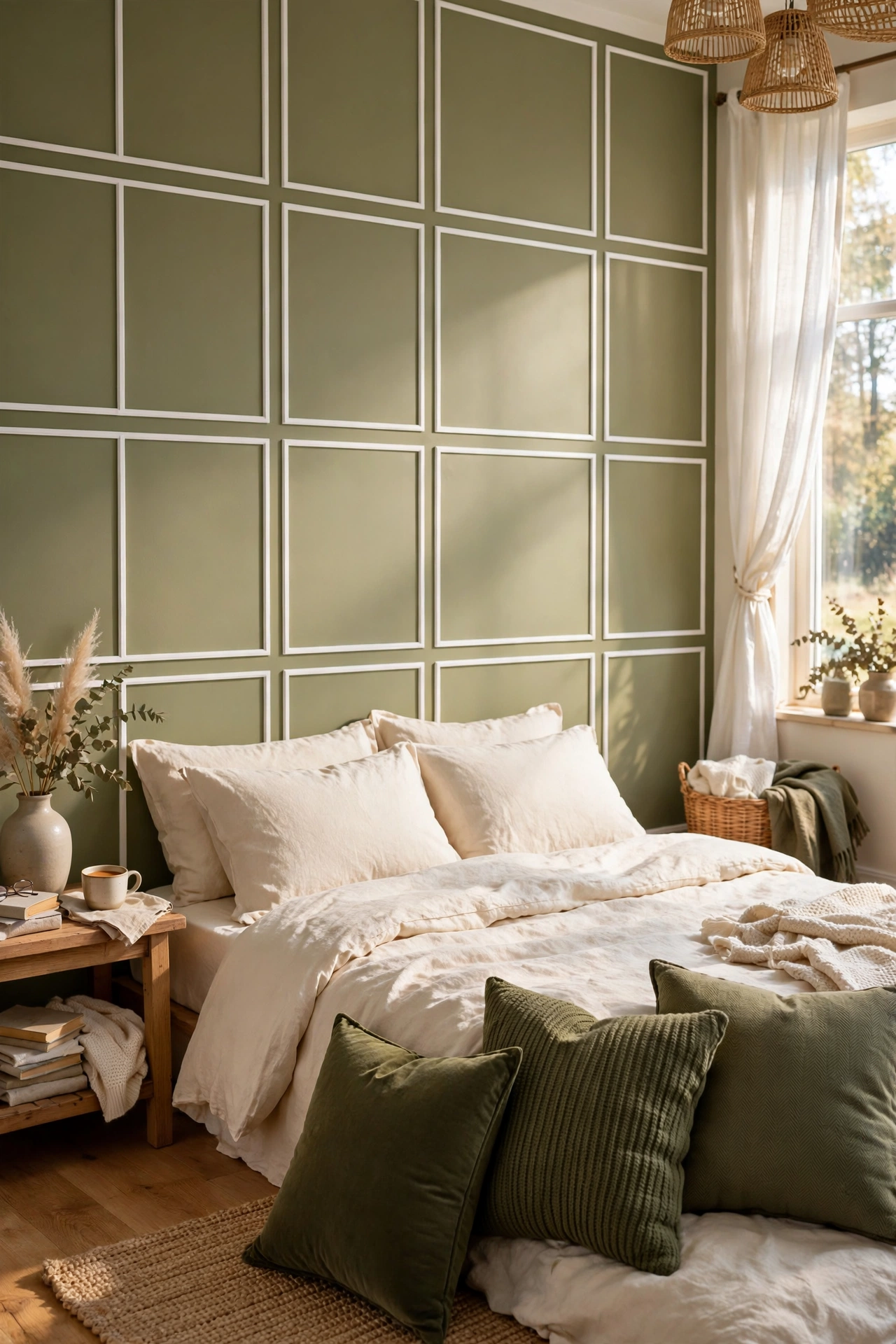 Olive accent wall with peel-and-stick moulding grid behind a bed
