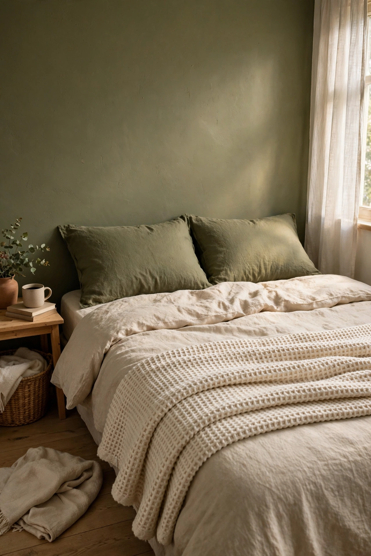 Chunky cream waffle throw folded across the foot of an olive bedroom bed