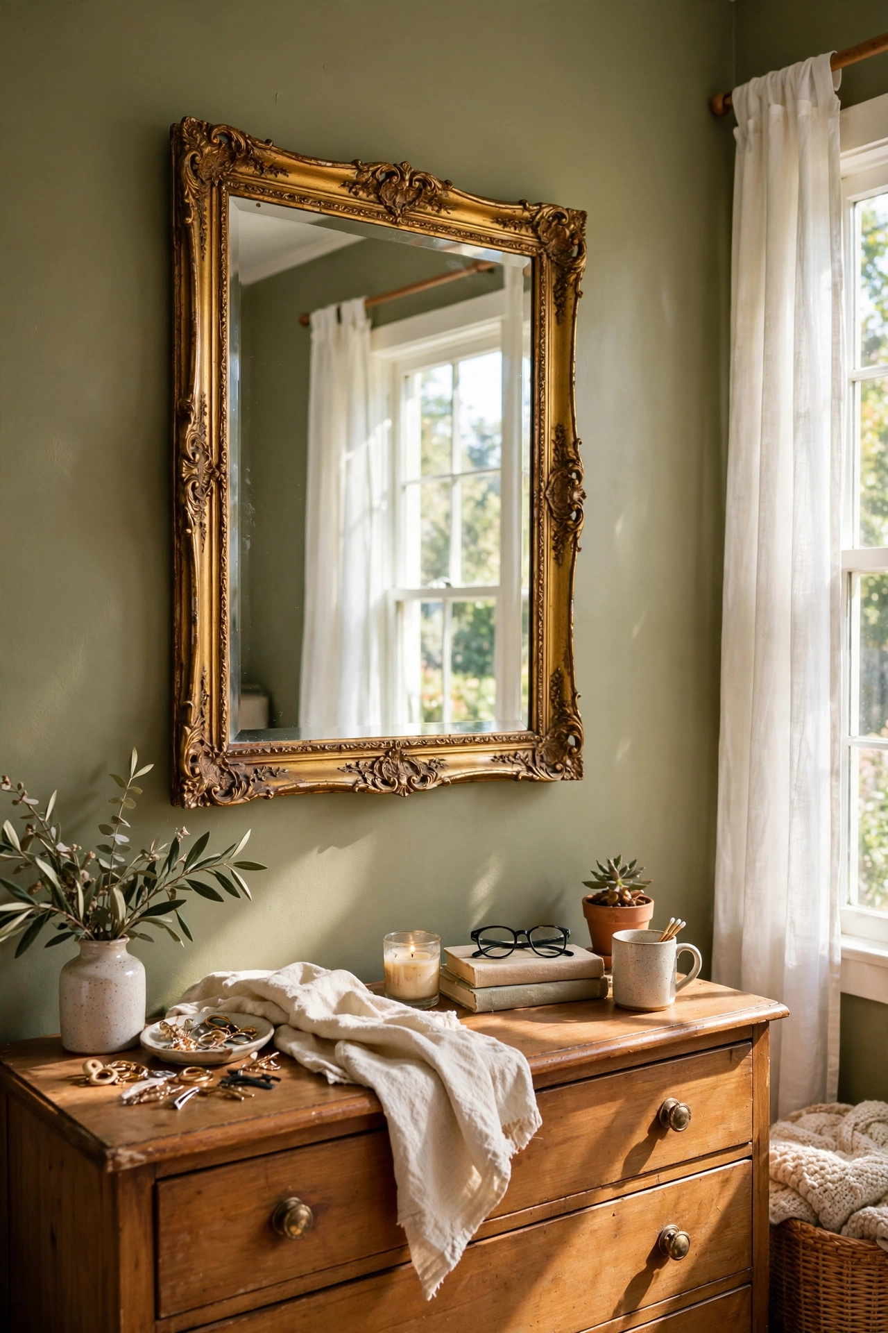 Ornate gold-framed mirror hung opposite a window in an olive bedroom
