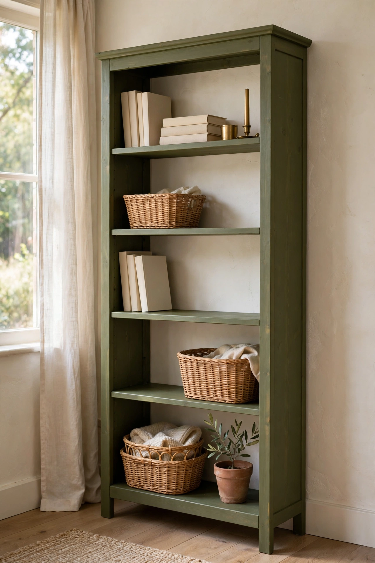 Tall pine bookshelf painted olive green styled with cream books and baskets