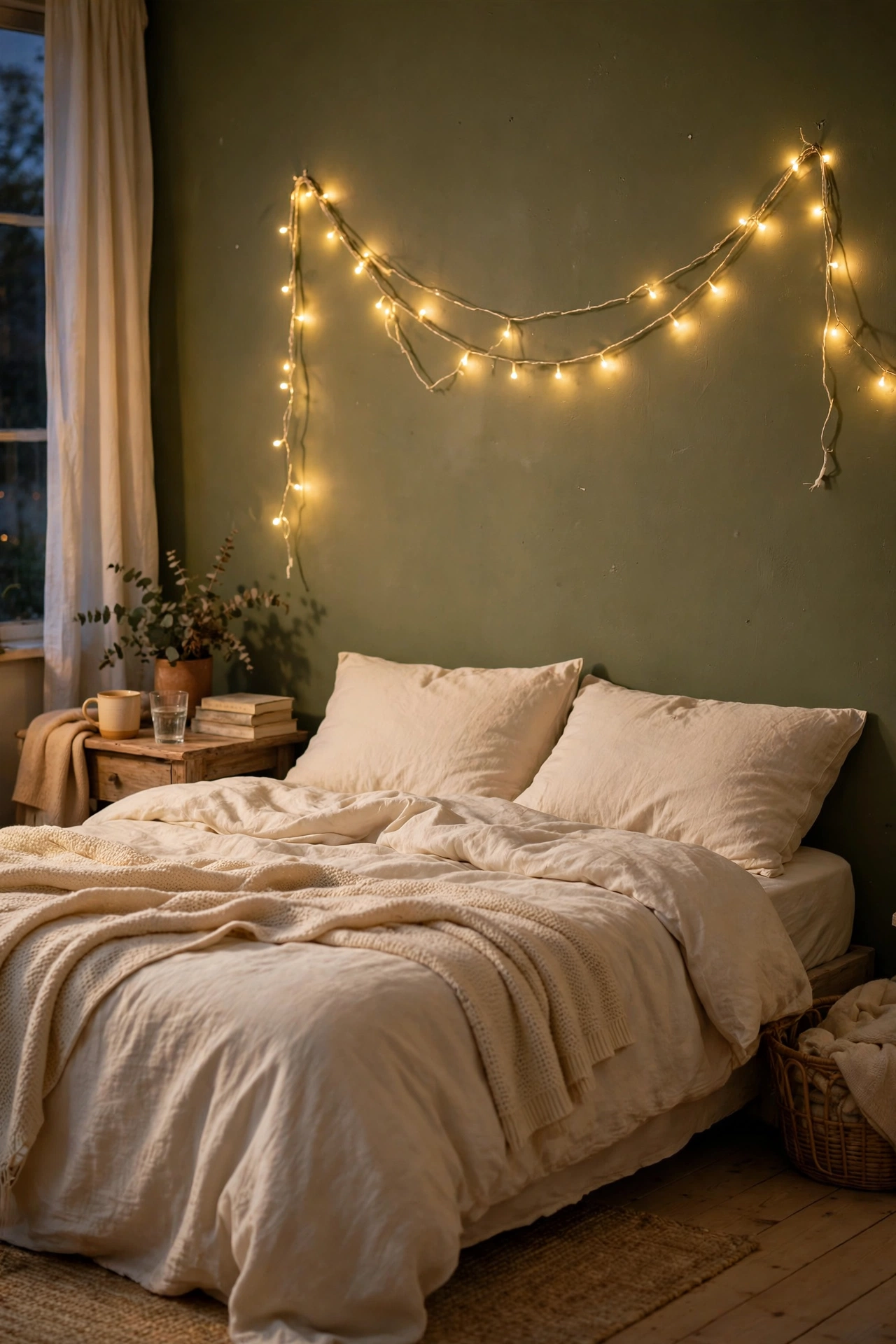 Warm white string lights draped along an olive headboard wall at dusk
