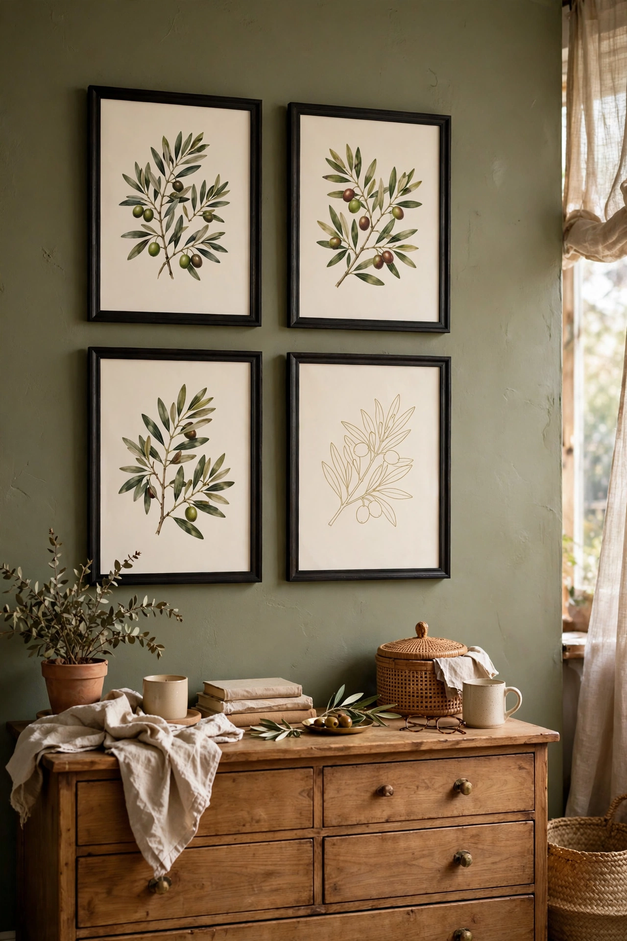 Tight grid gallery wall of black-framed olive and cream prints