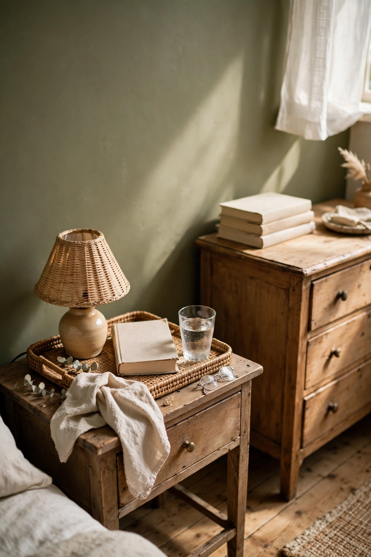 Nightstand styled with a rattan tray holding a lamp book and glass