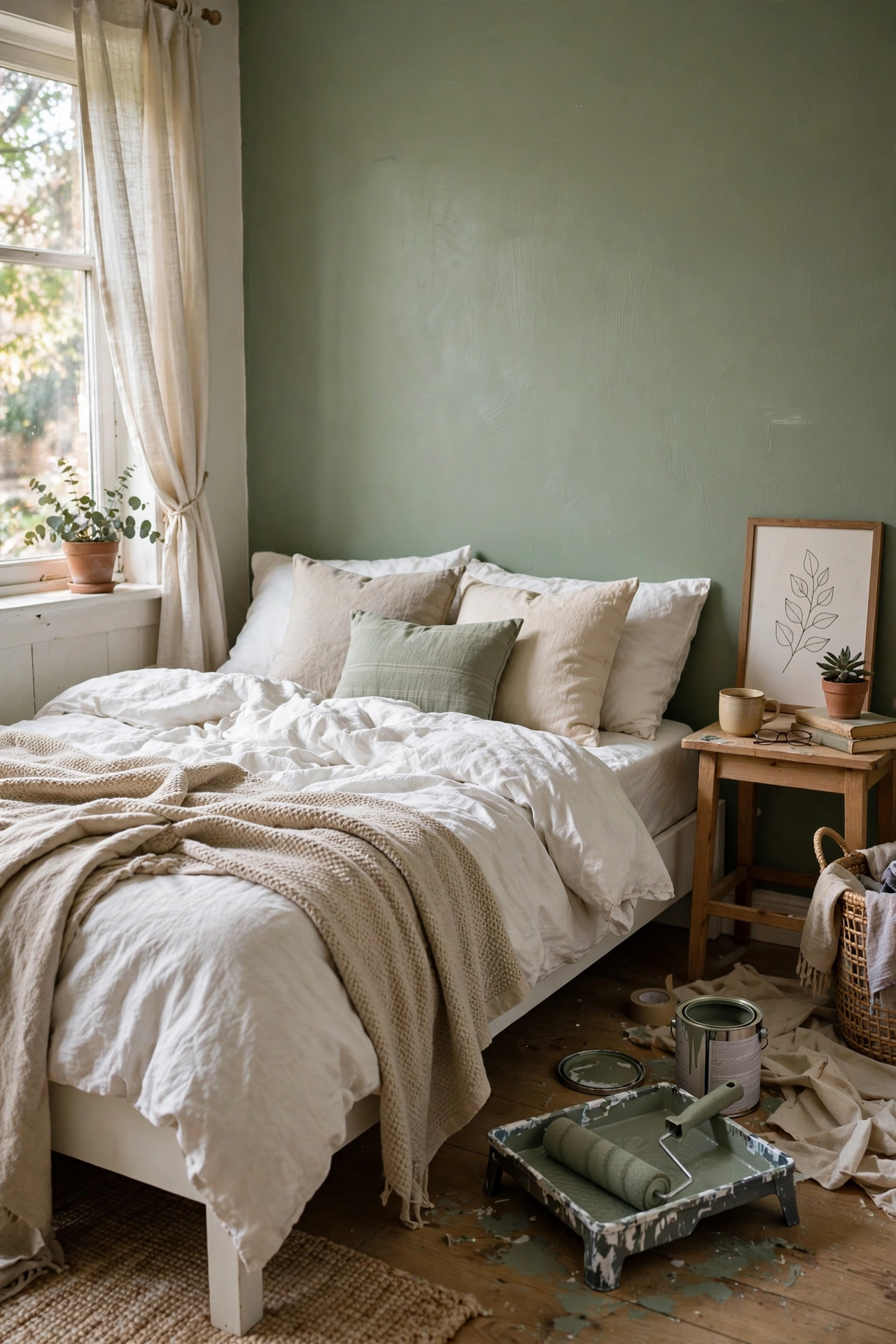 Bedroom wall behind the bed painted warm sage with a single quart of paint