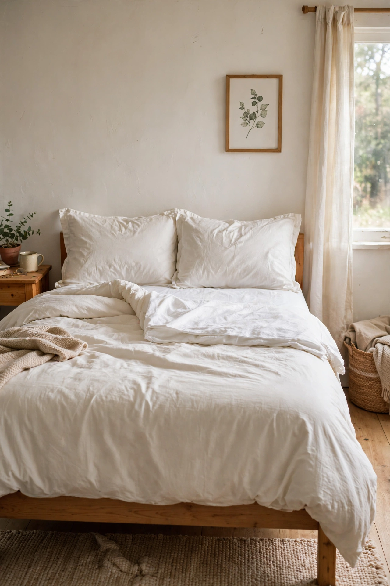 Queen bed with a warm white clearance cotton duvet set folded back