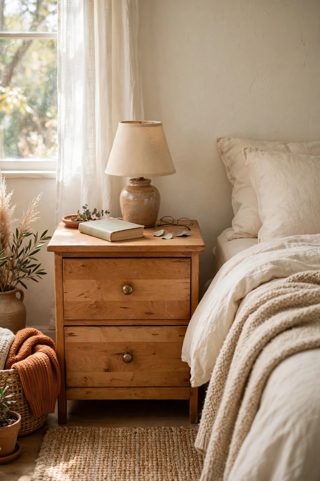 Thrifted solid wood maple nightstand sanded and sealed beside a bed