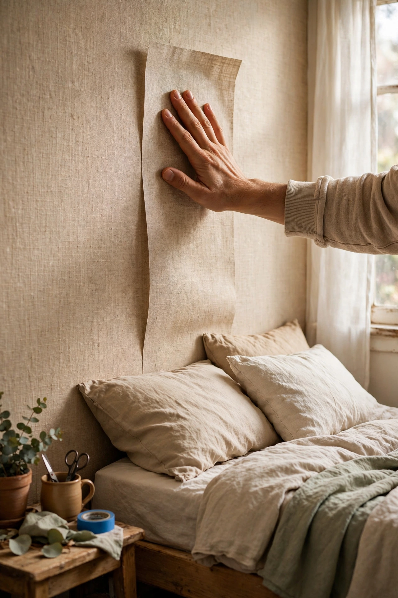 Peel-and-stick linen texture wallpaper applied as a headboard panel