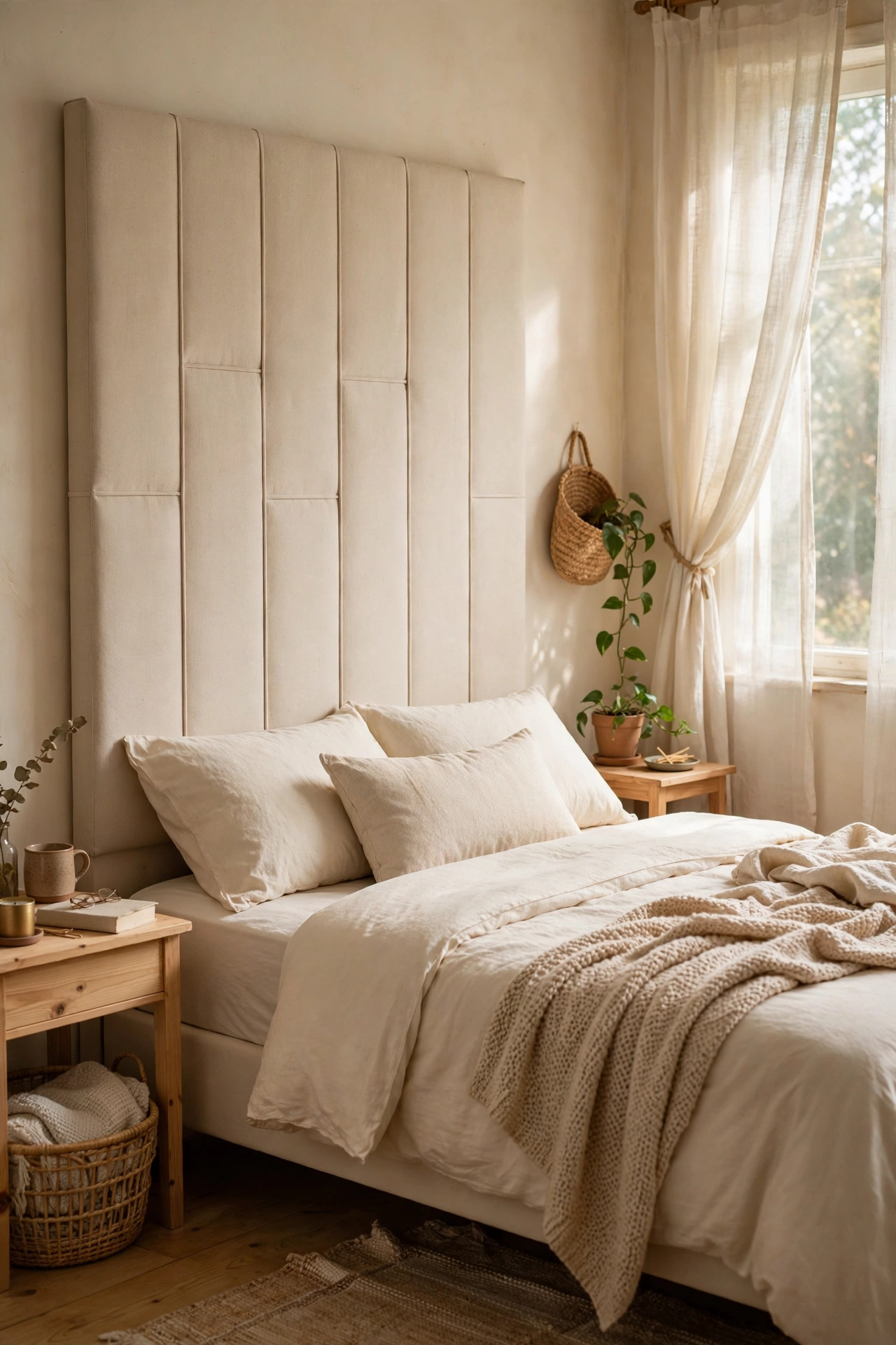 DIY fabric headboard on a plywood board wrapped in canvas drop cloth