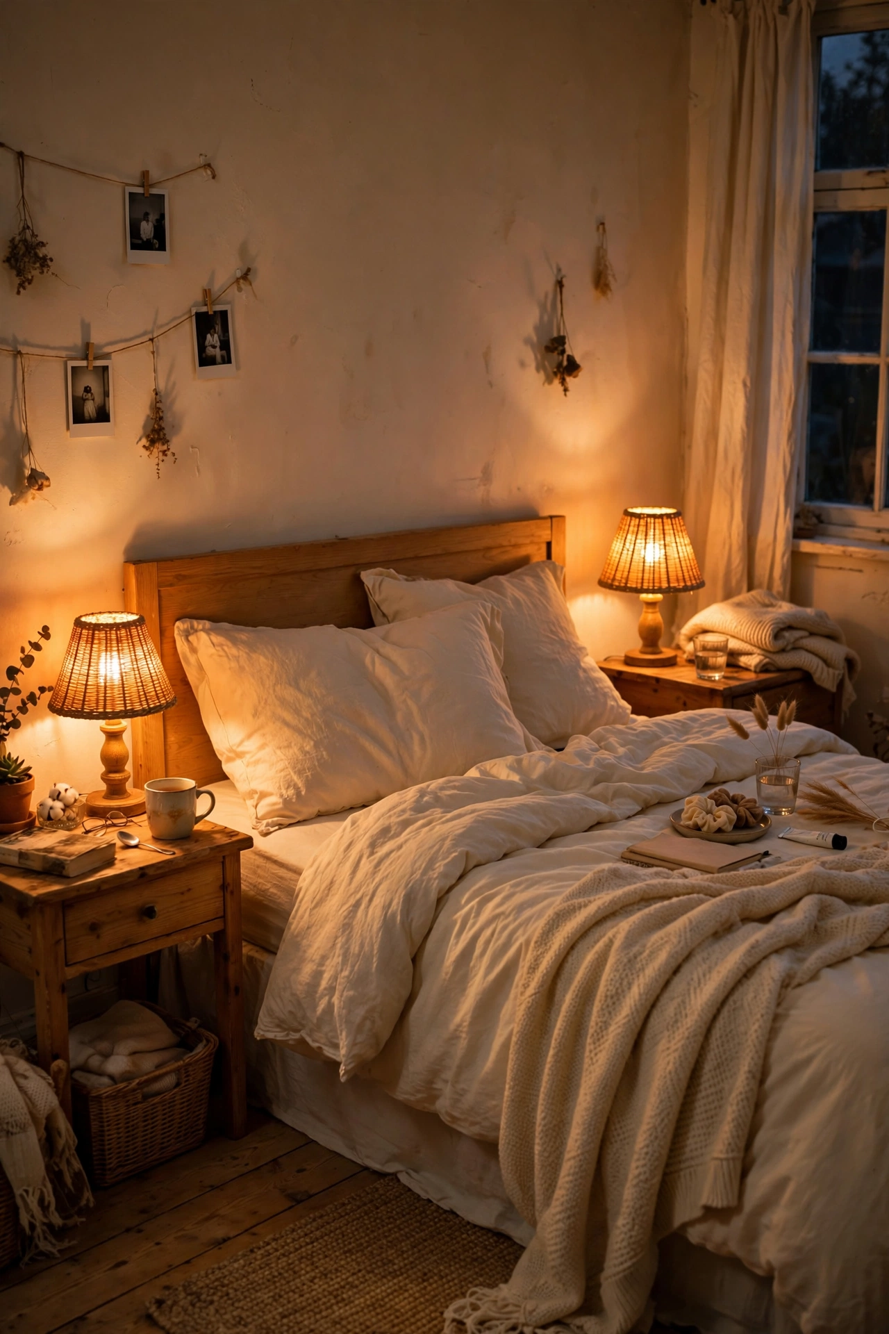 Nightstand lamps glowing warm after a bulb and dimmer upgrade
