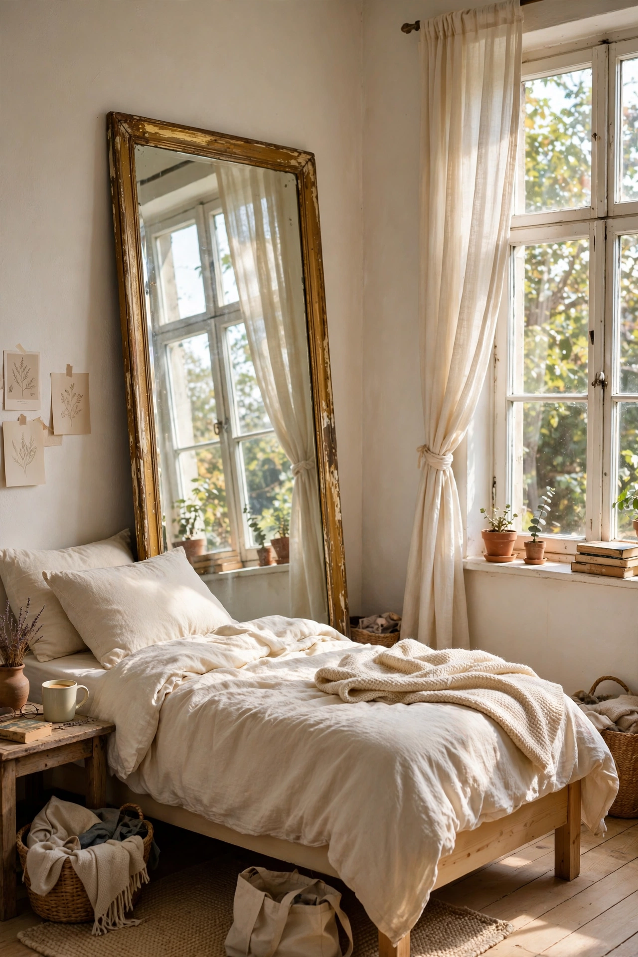 Full-length thrifted mirror leaned against a bedroom wall opposite a window