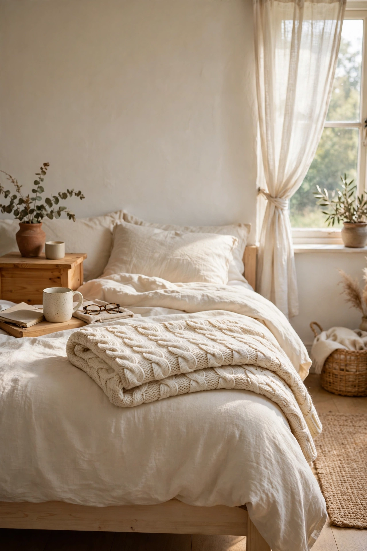 Chunky ivory cable-knit throw folded across the foot of a bed