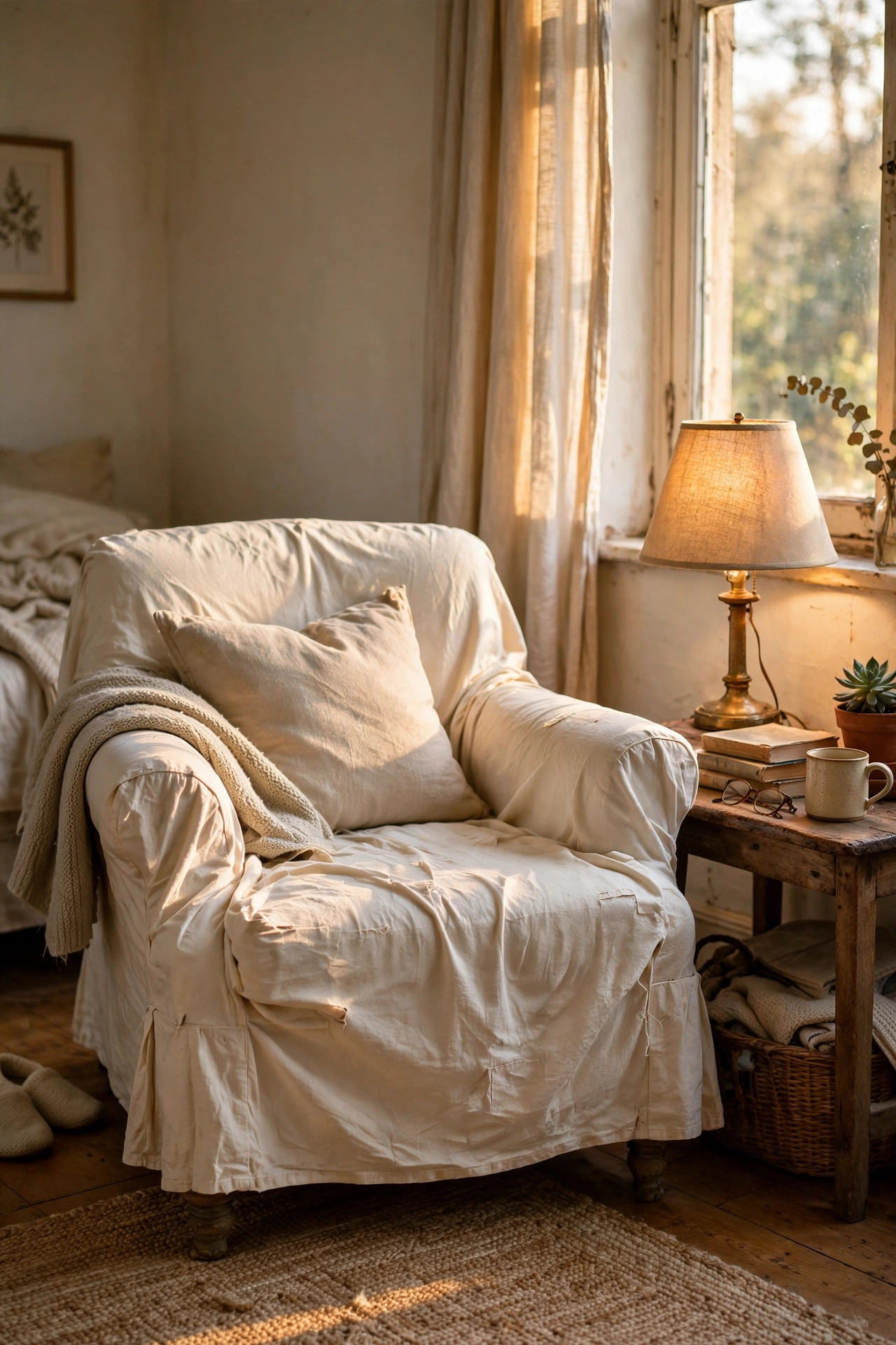 Second-hand armchair with a cream slipcover in a bedroom reading corner