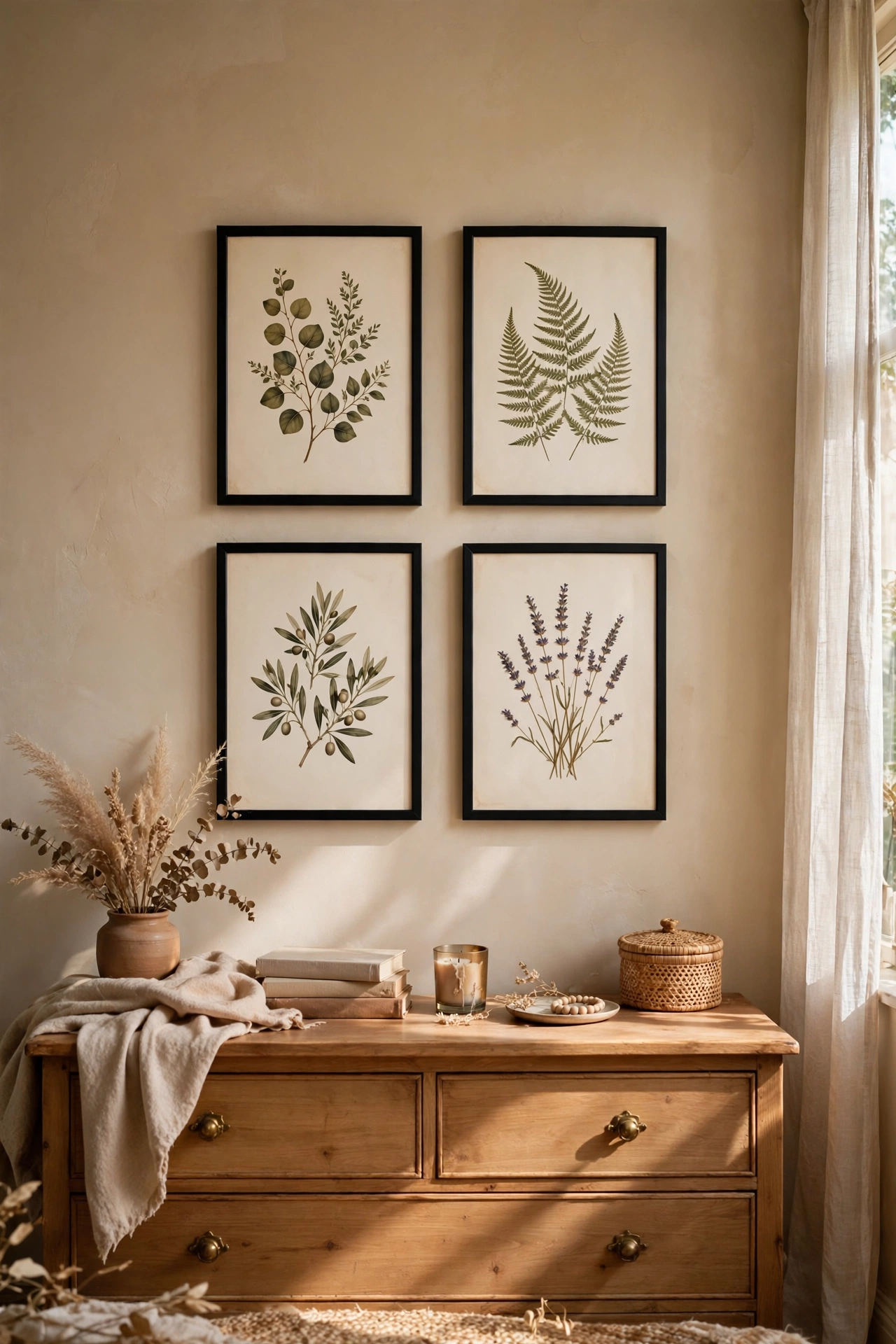 Tight grid gallery wall of framed free botanical printables