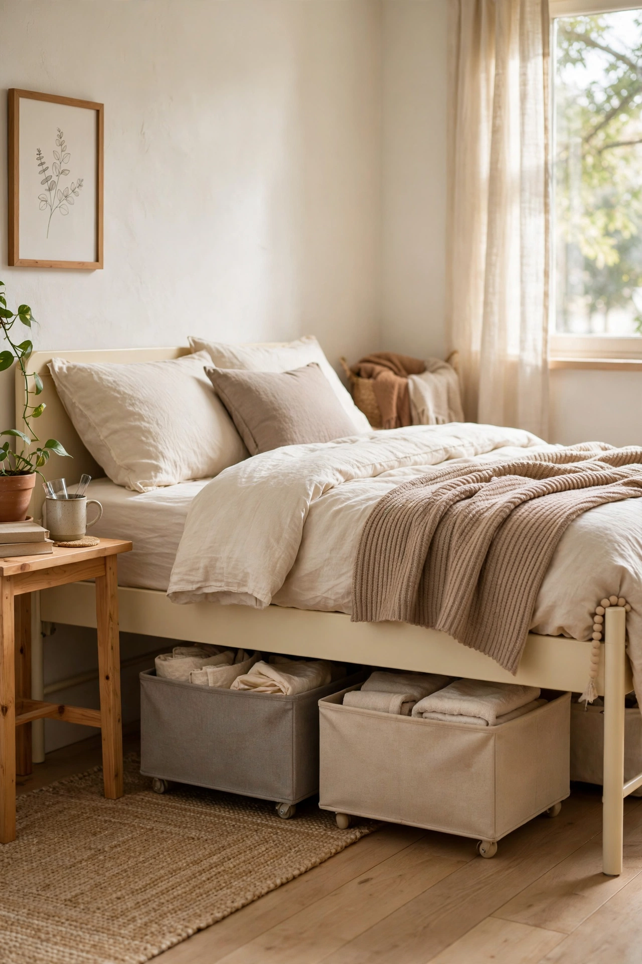Rolling fabric storage bins tucked neatly under a bed