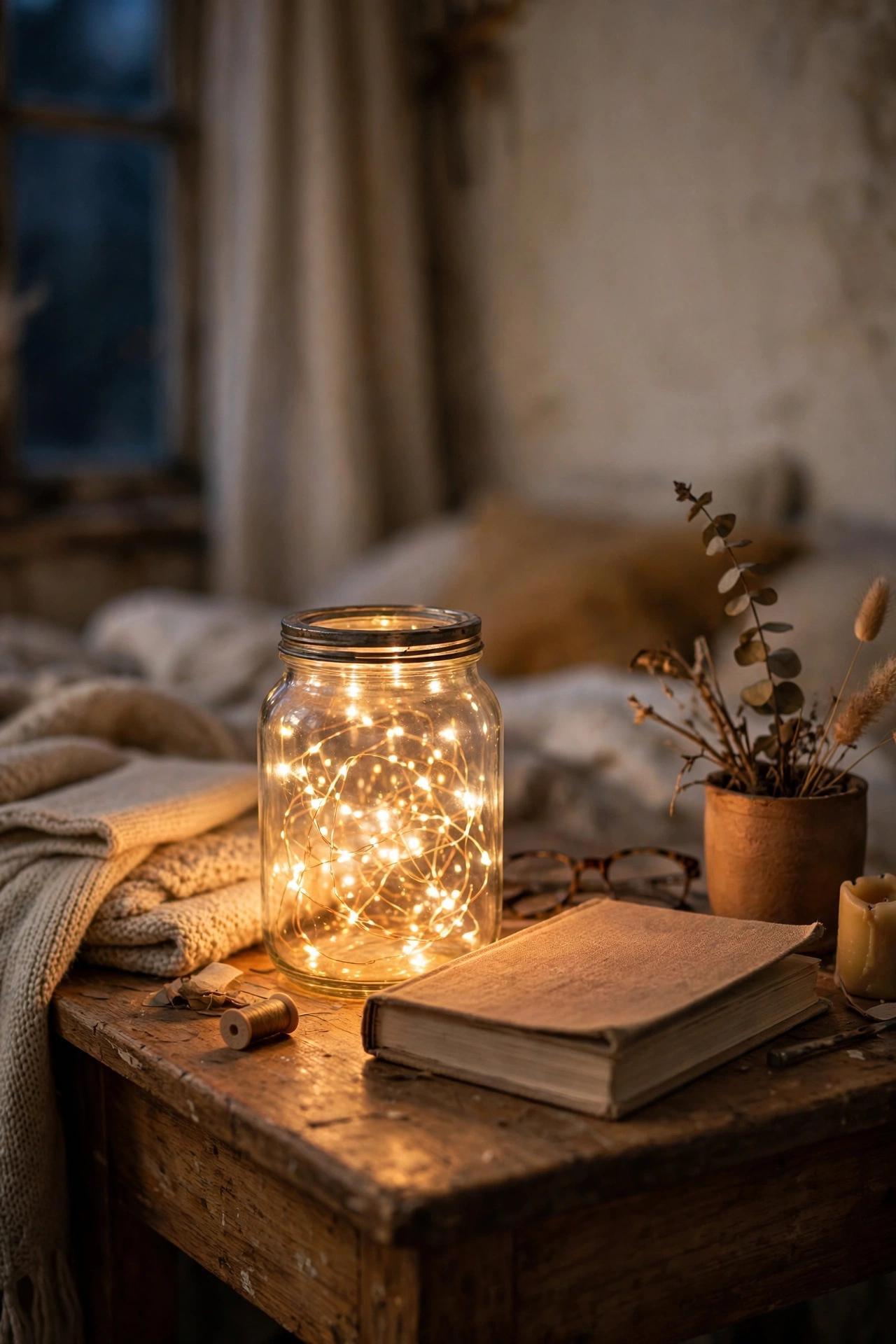 Battery fairy lights coiled inside a glass jar glowing on a nightstand
