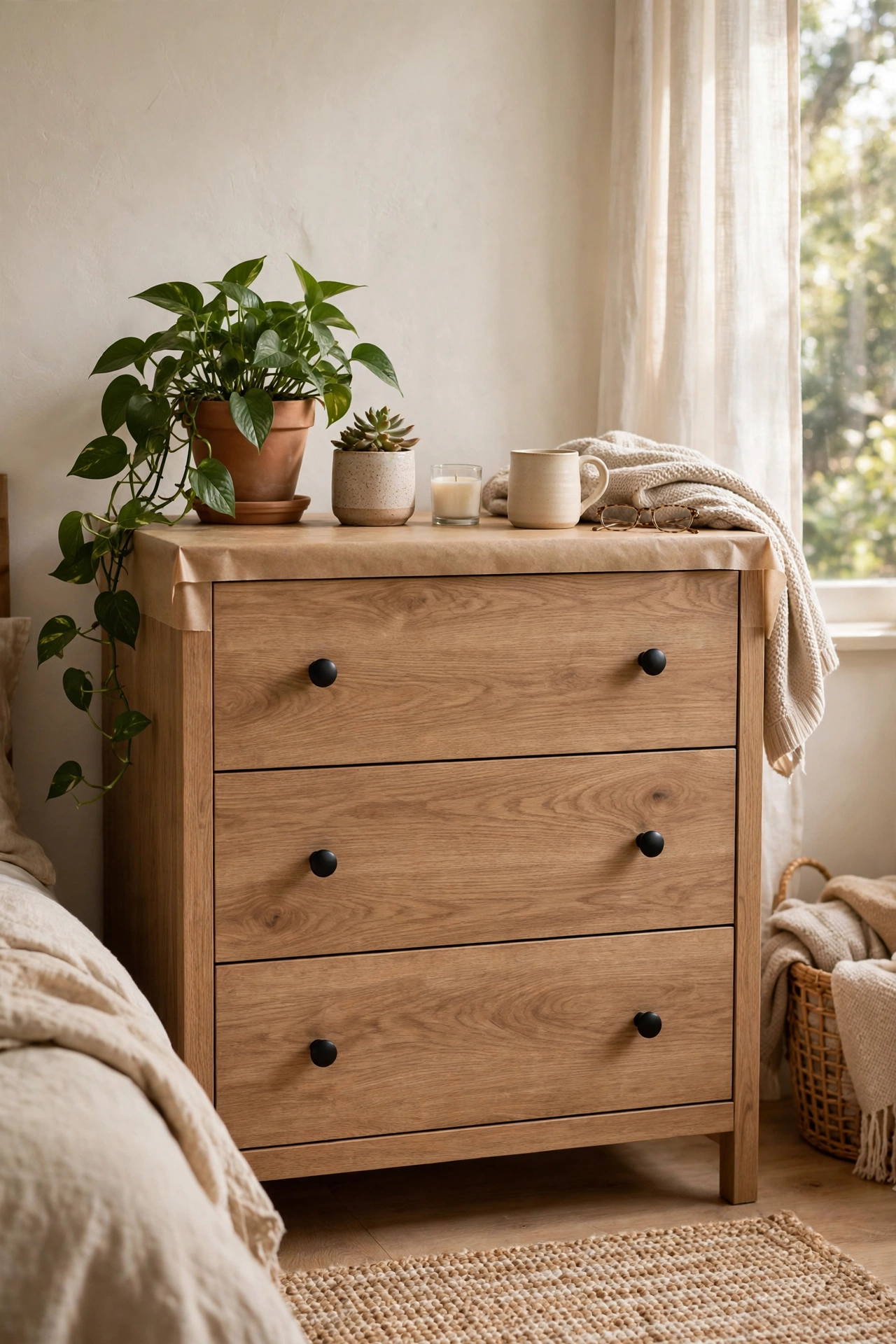 Laminate dresser wrapped in wood-look contact paper with new knobs