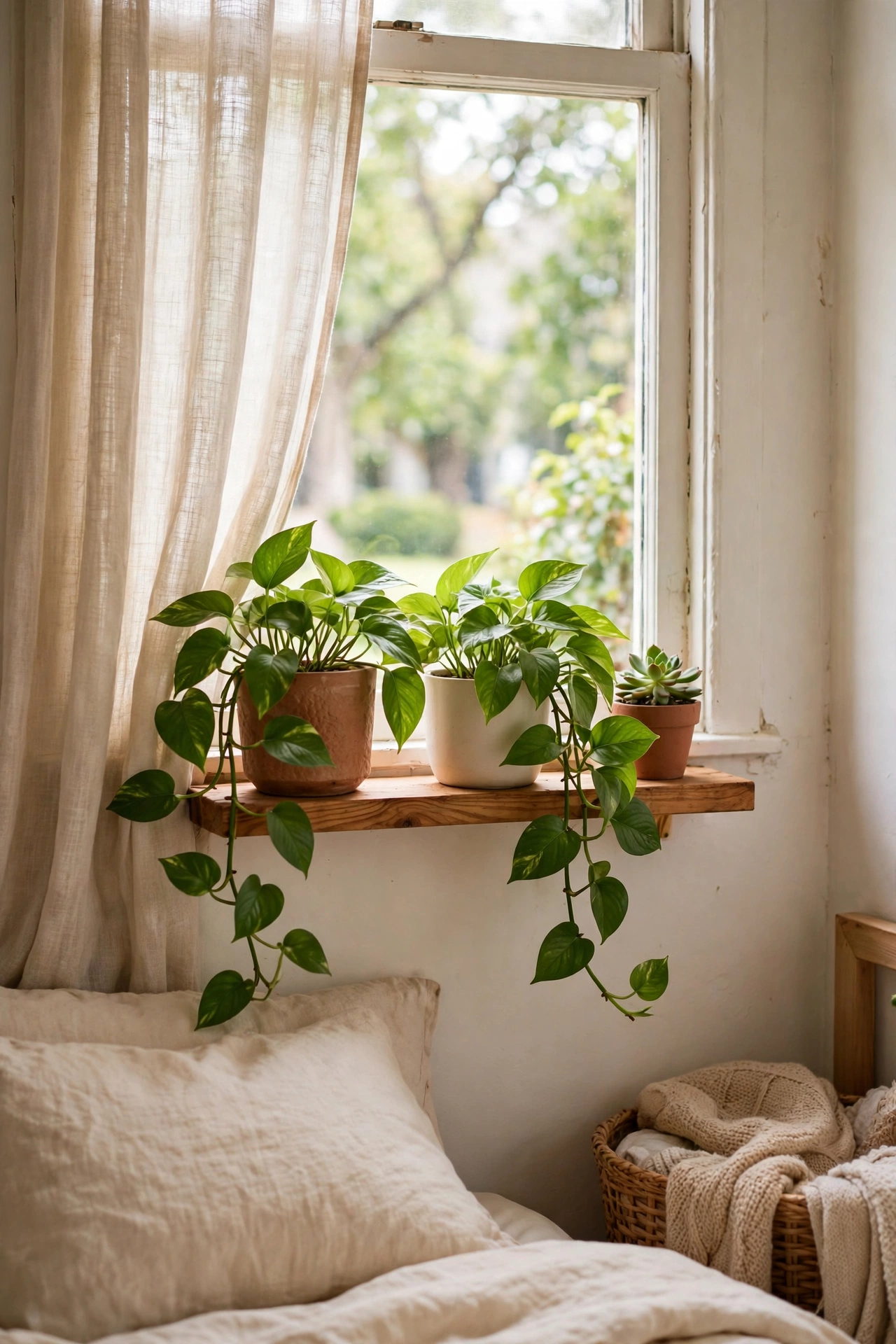Small pine shelf by a window holding pothos plants and a succulent