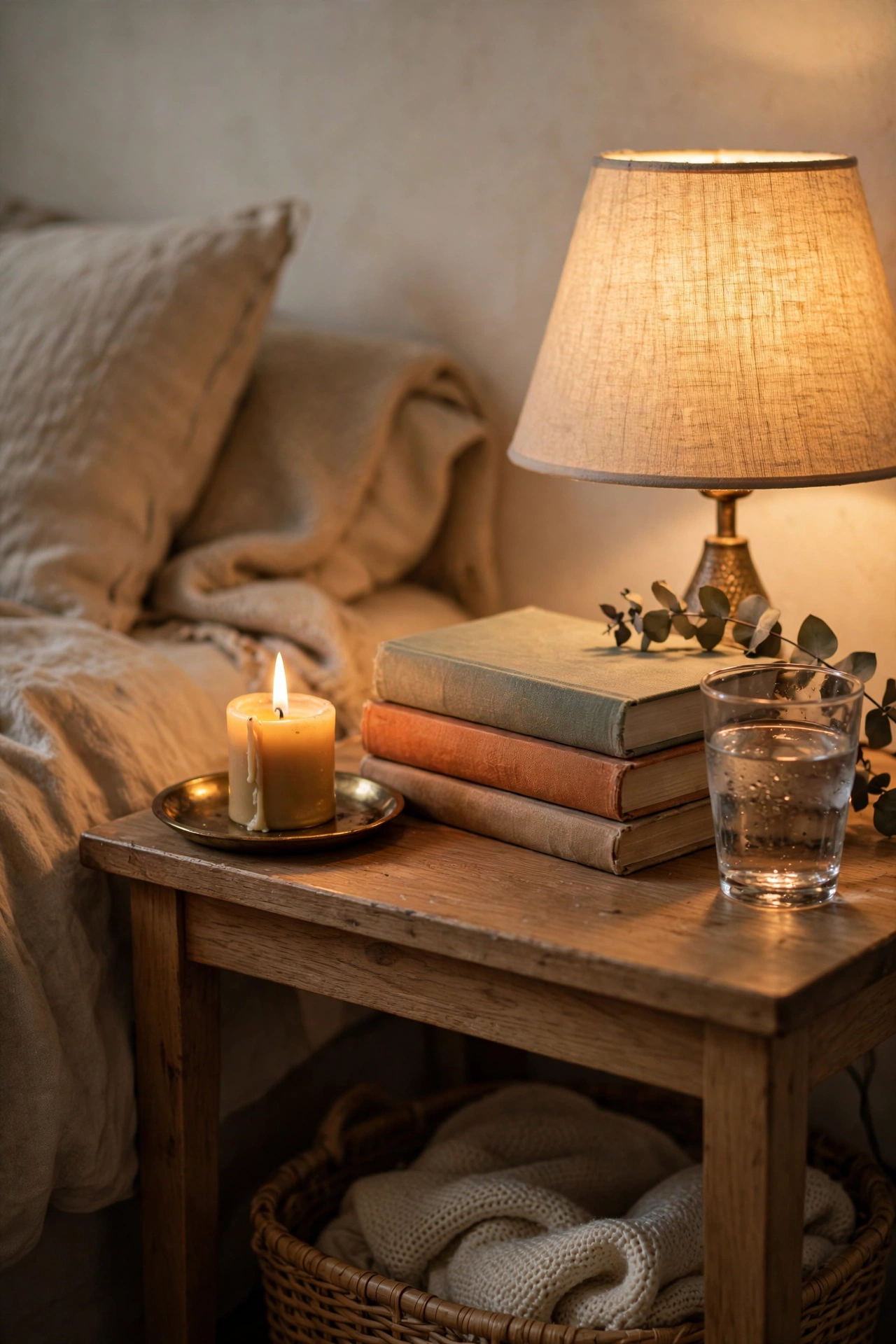Nightstand styled with a brass tray holding a candle books and a glass