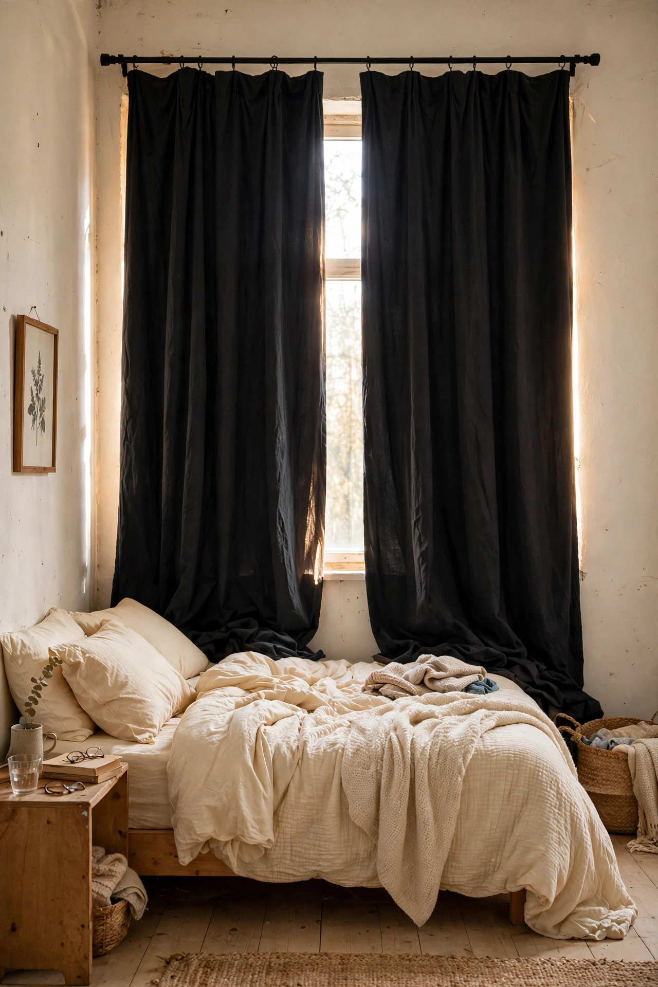 Blackout curtain panels hung high and wide making a bedroom dark