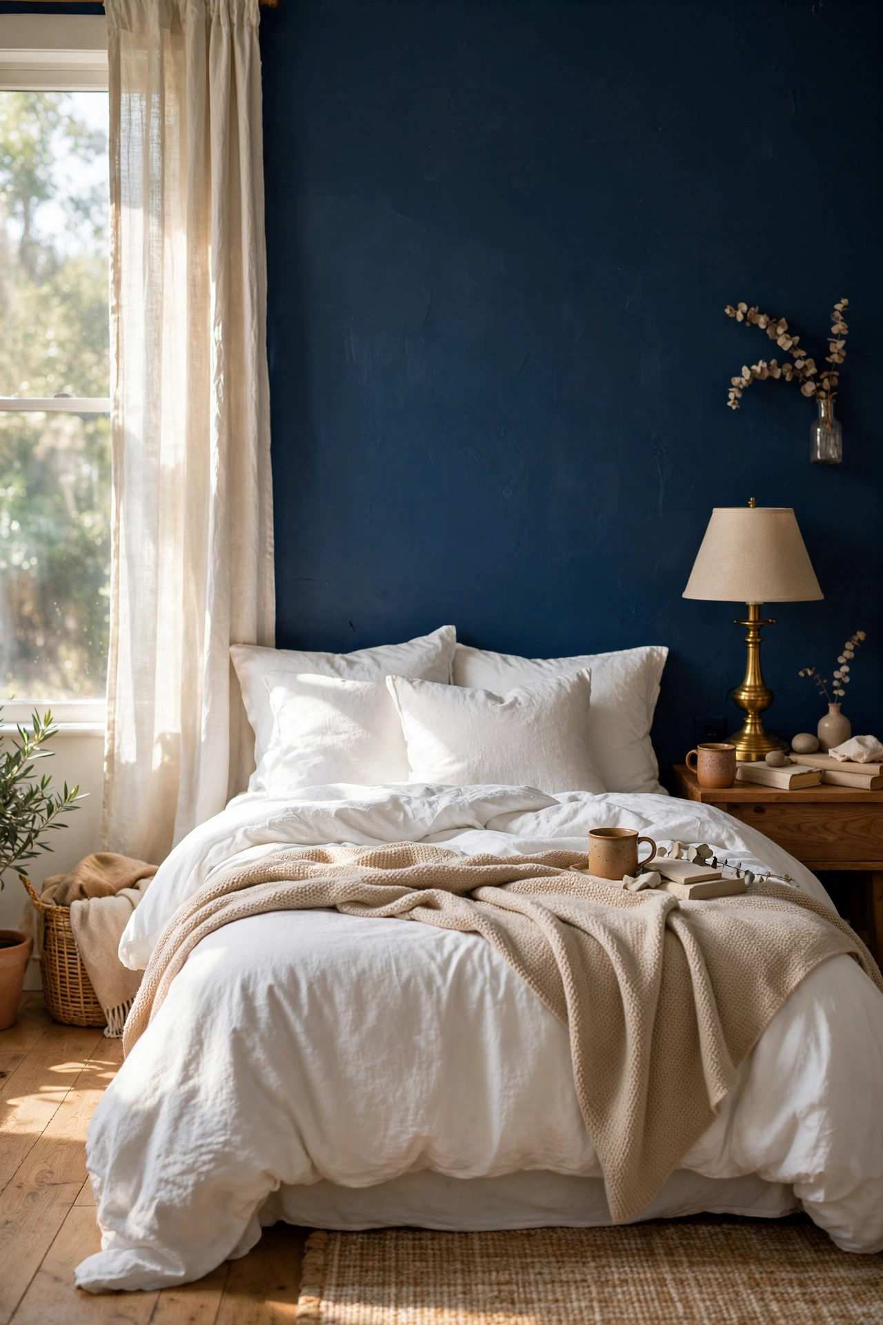 Bedroom with a navy blue feature wall painted behind a white bed