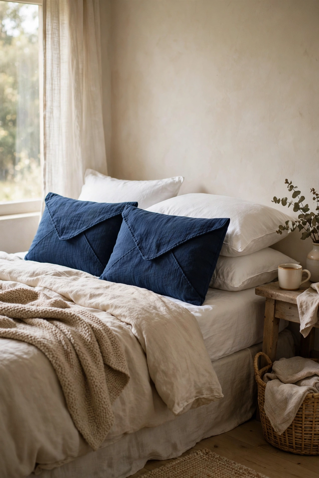 White bed styled with handmade navy blue pillow covers