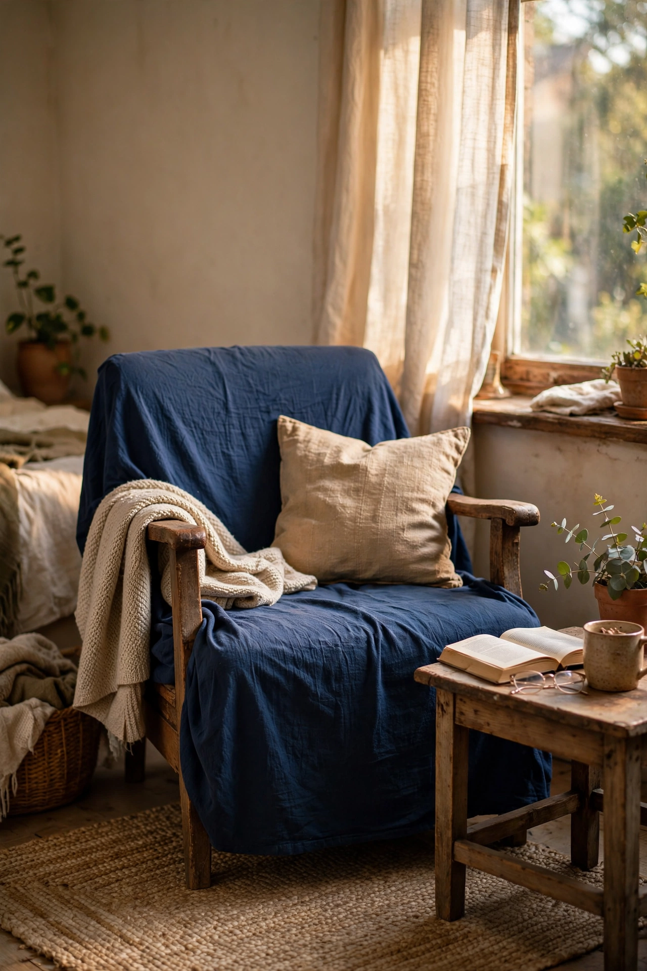 Thrifted armchair with a navy slipcover in a bedroom reading corner