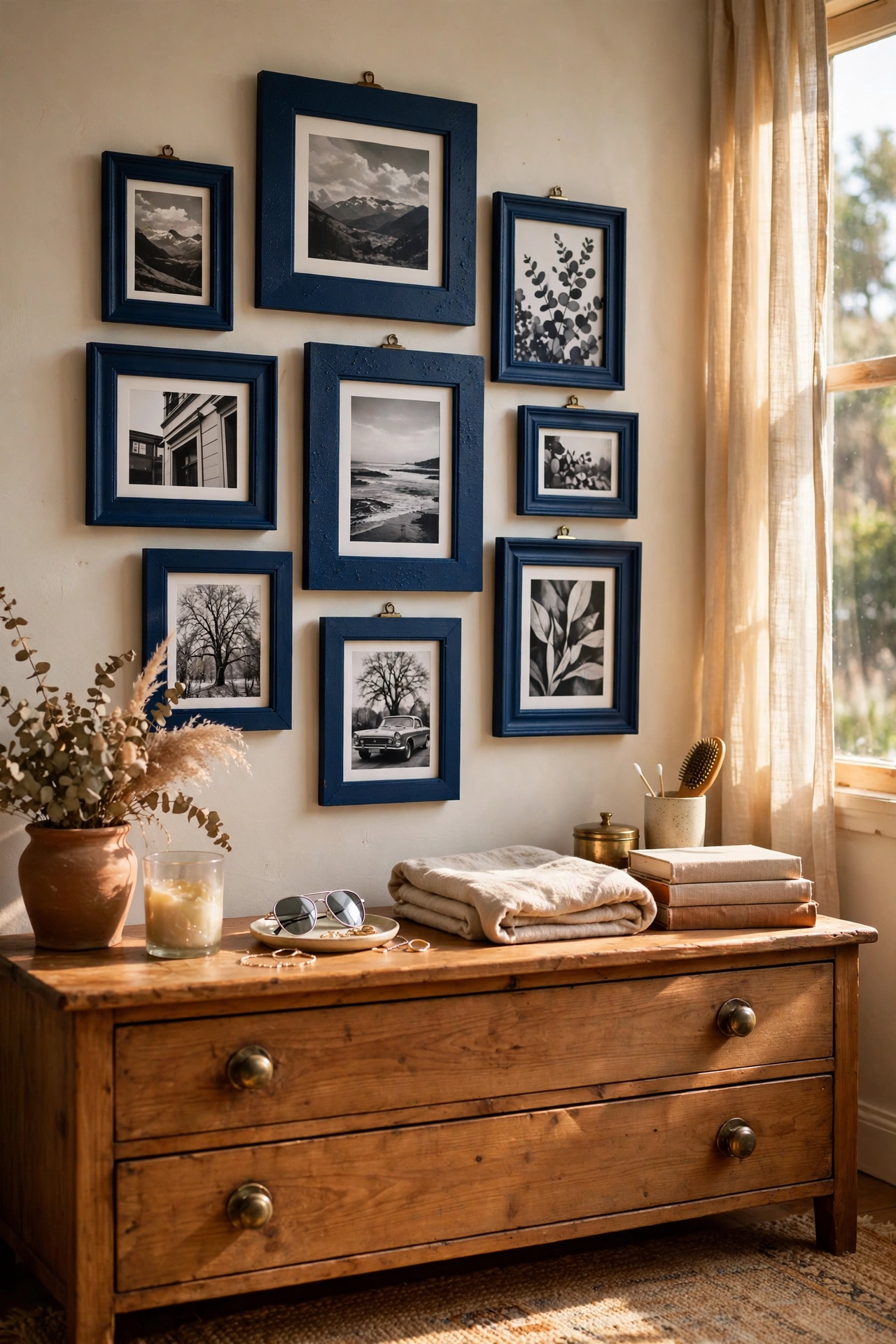 Gallery wall of spray-painted navy photo frames above a bedroom dresser