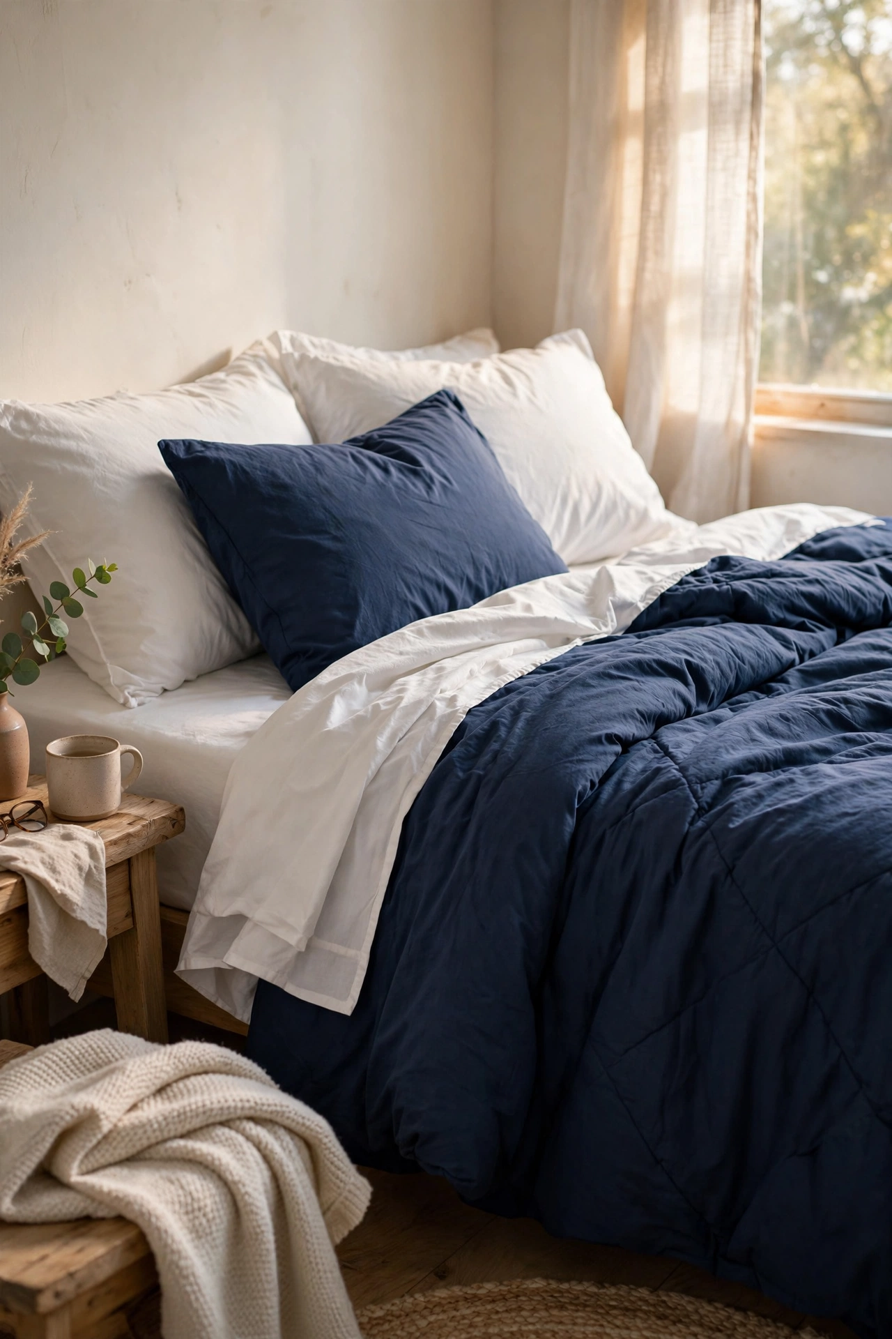 Bed made up with a clearance navy blue bedding set and white pillows