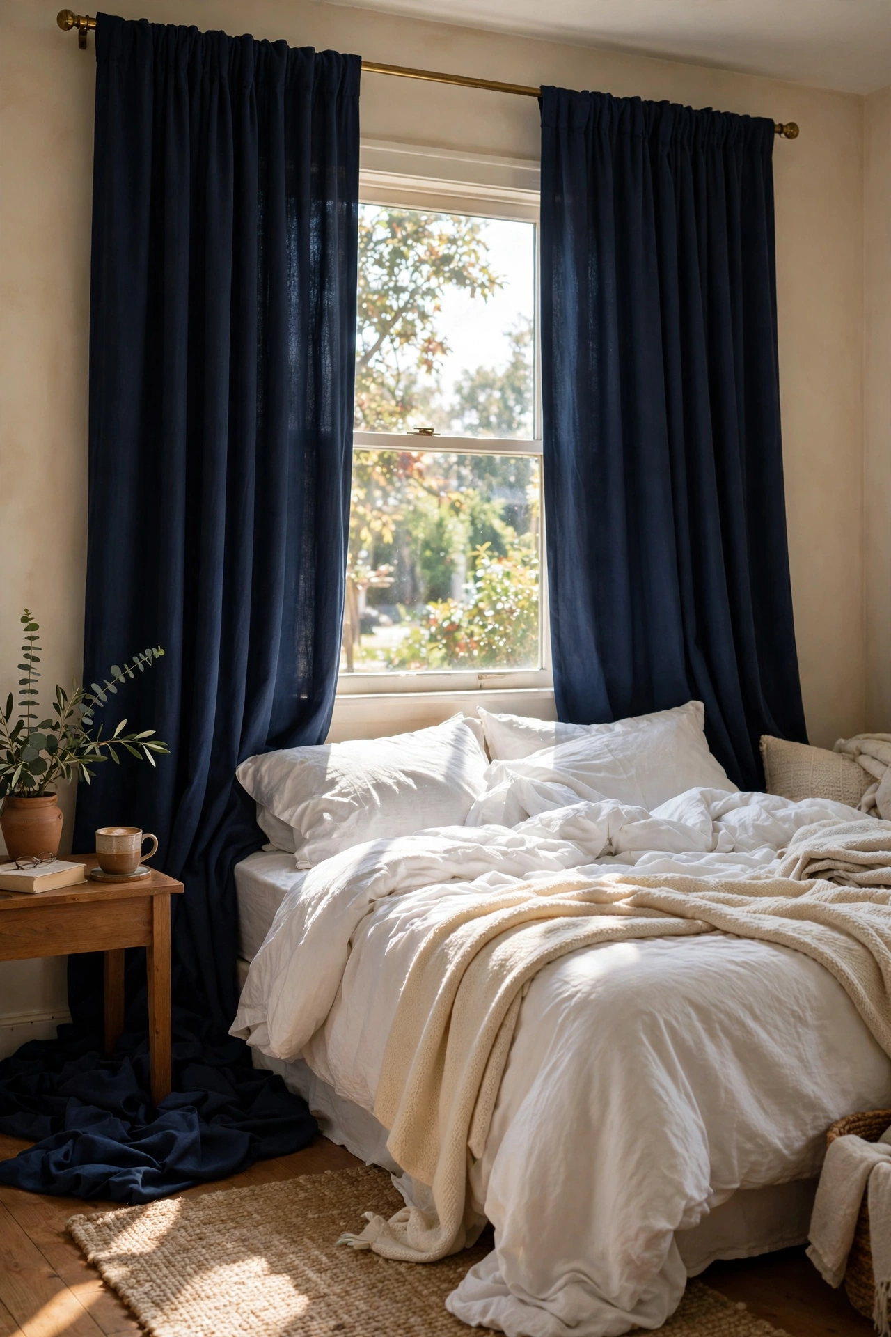 Navy blackout curtain panels hung high and wide in a bedroom