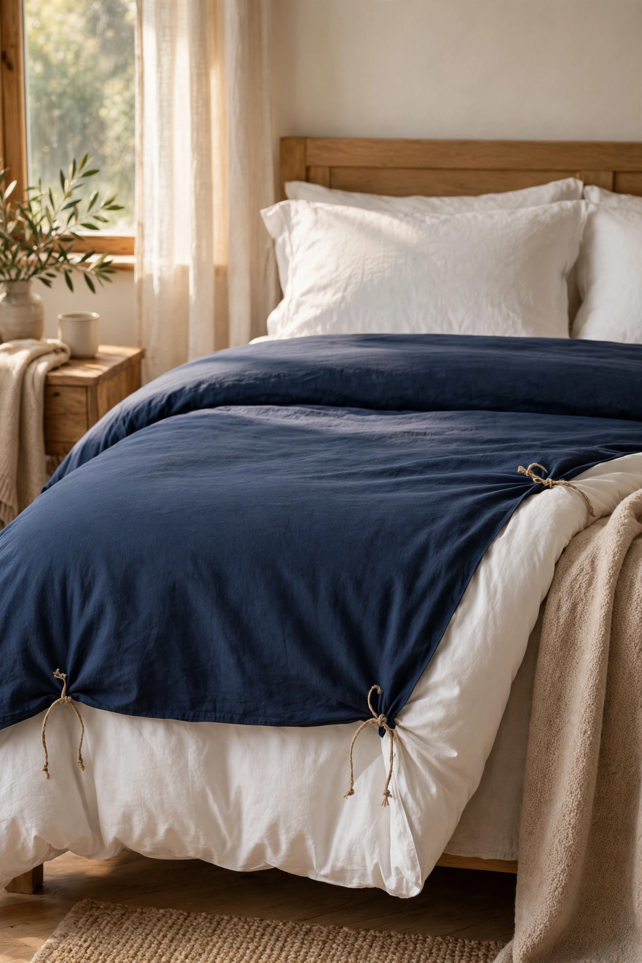 Navy duvet cover over a white duvet insert on a styled bed